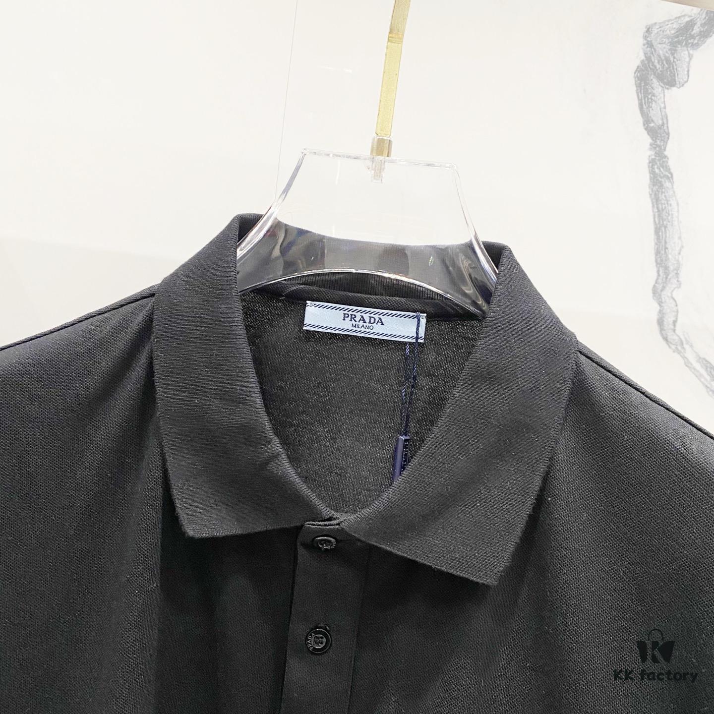 PRADA Men's Polo Shirt with Lapel, Nylon Pocket Zipper Design, Brand Triangle Logo Metal Badge