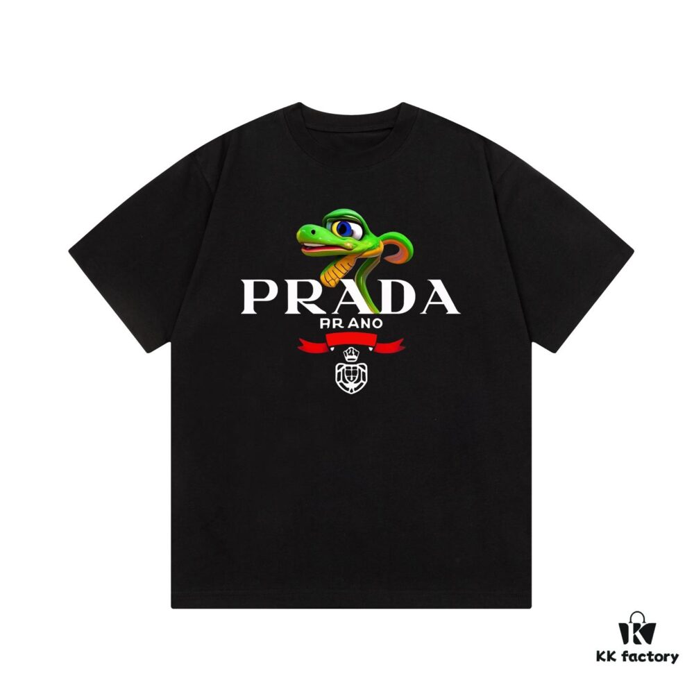 PRADA*Prada* Loose Fit Printed Logo Design Spring Summer New Round Neck Fashion Short Sleeve T-Shirt, Soft and Comfortable Unisex Wear, Versatile Casual Essential