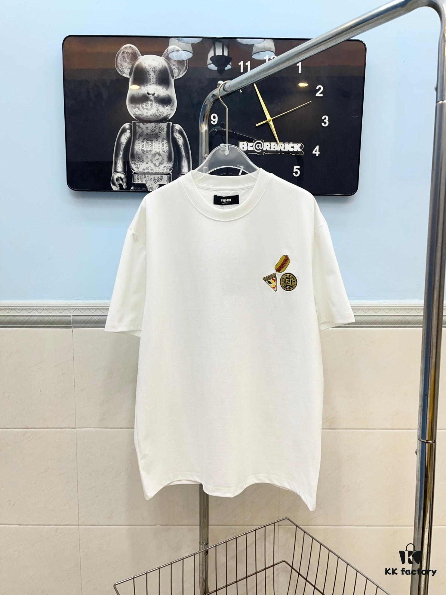 FENDI Men's 3D Embroidered Cotton Short Sleeve T-Shirt, Premium 280g Double-Layer Cotton Fabric, Comfortable and Soft, Spring/Summer New Arrival