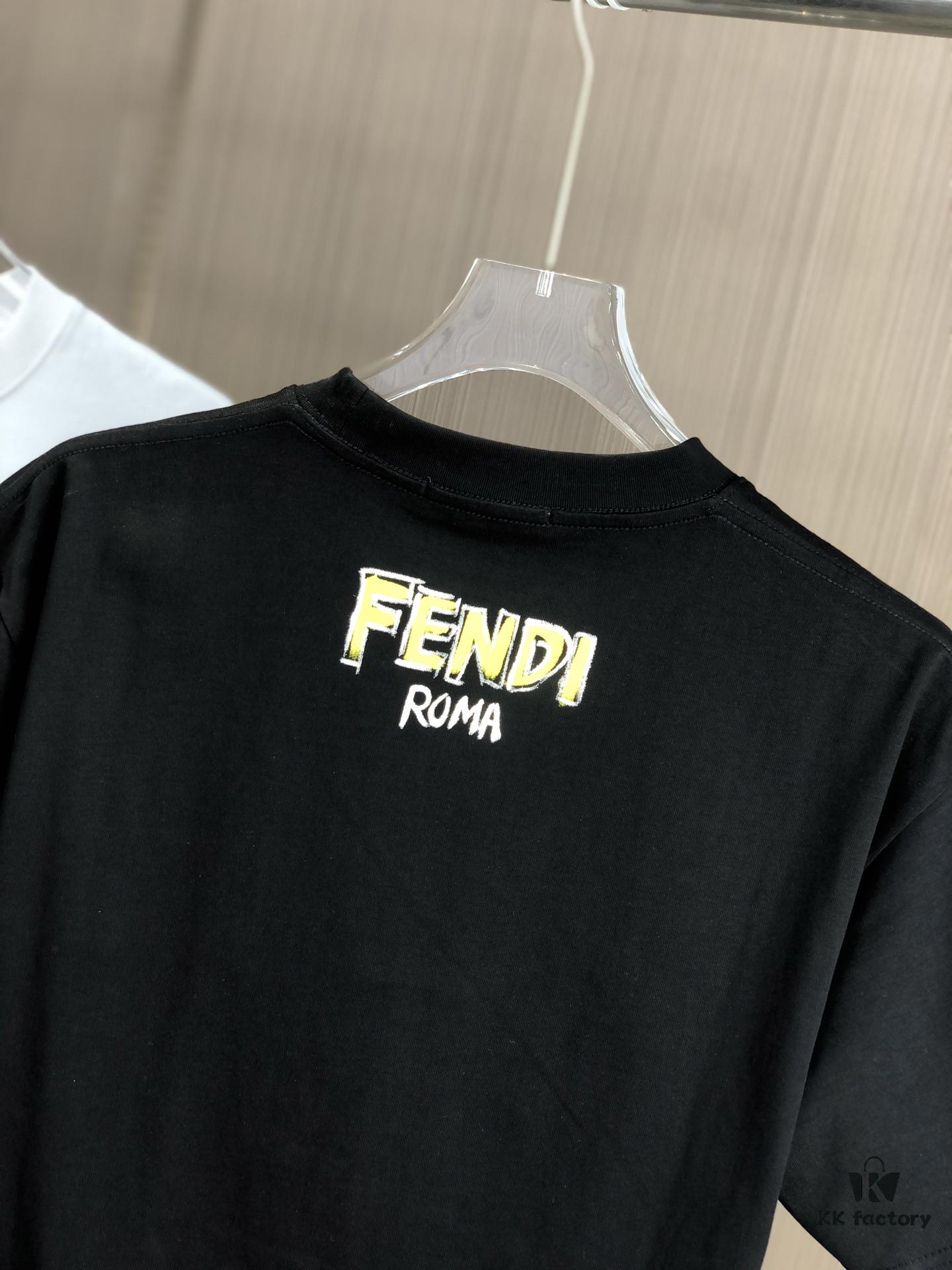 FENDI Fendi 2025 Spring/Summer New Arrival Round Neck Short Sleeve T-Shirt with Hand-Painted Front and Back Print, Made from 320g Double-Yarn Combed Cotton, Slightly Loose Fit, Soft and Substantial Fabric, Unisex Design