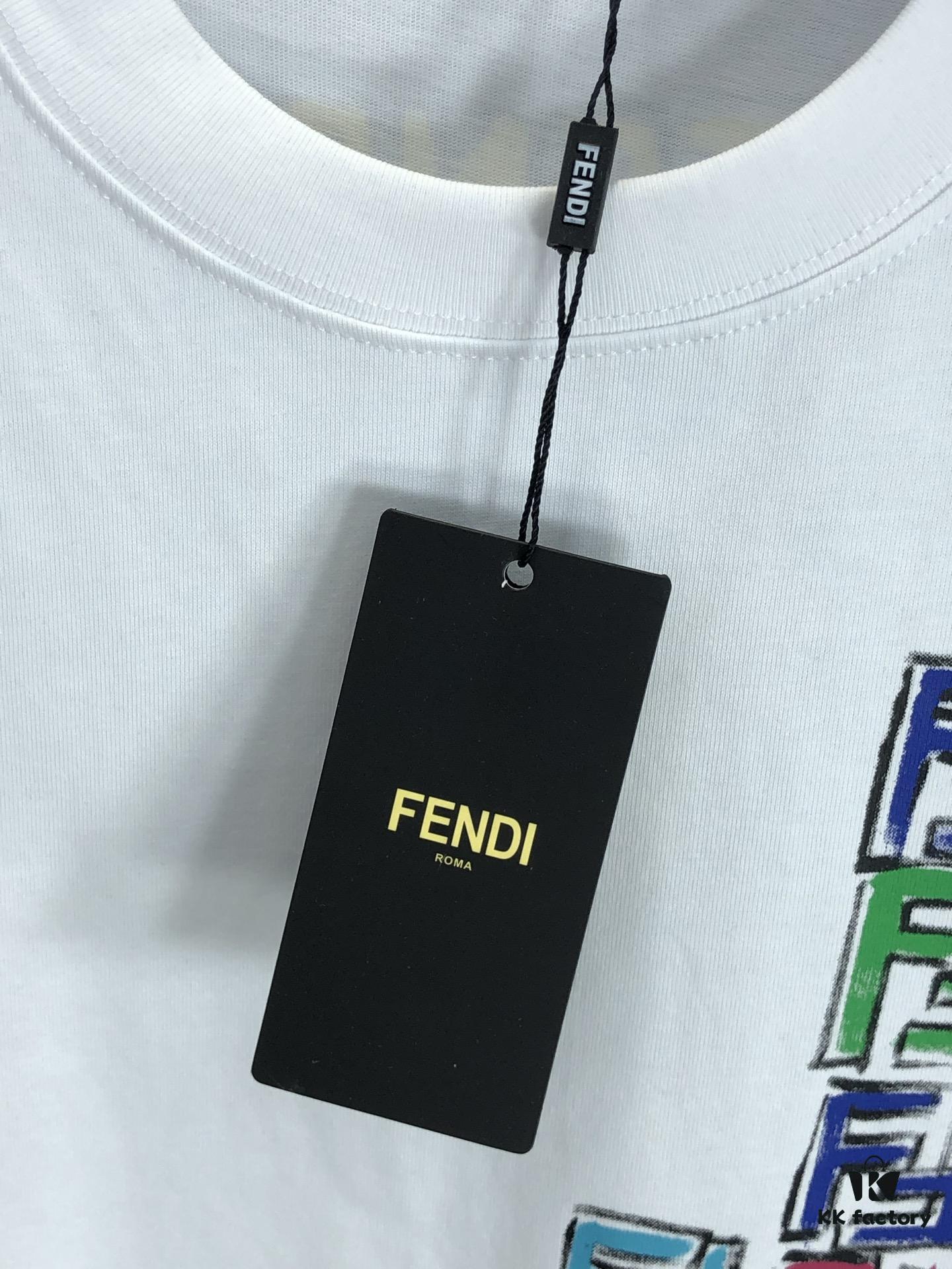 FENDI Fendi 2025 Spring/Summer New Arrival Round Neck Short Sleeve T-Shirt with Hand-Painted Front and Back Print, Made of Heavyweight 320g Double-Yarn Combed Cotton Fabric, Slightly Loose Fit, Soft and Substantial Fabric Texture, Unisex Design