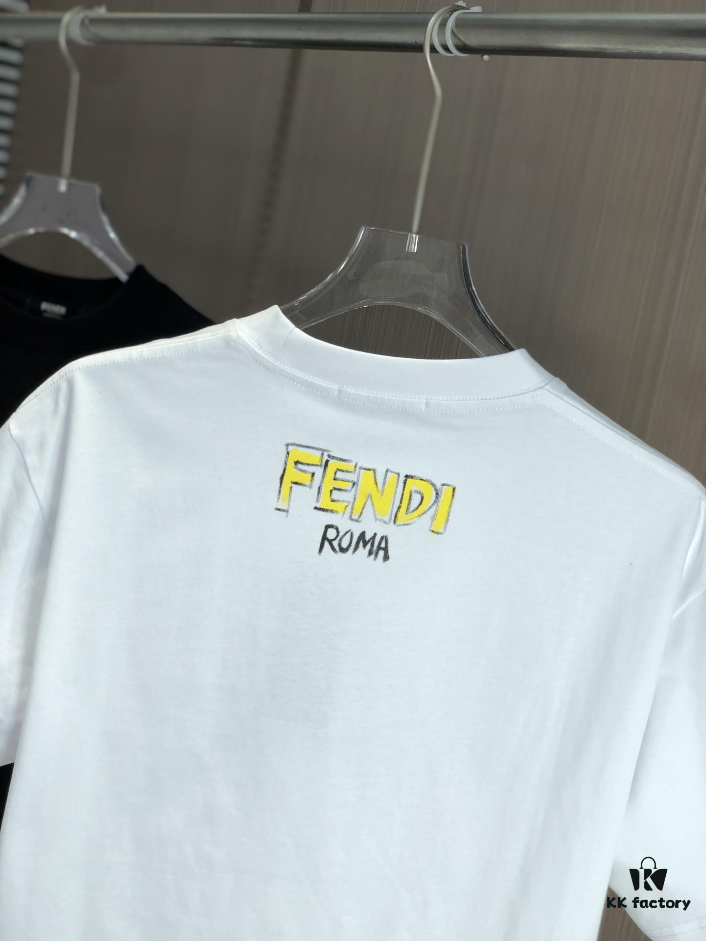 FENDI Fendi 2025 Spring/Summer New Arrival Round Neck Short Sleeve T-Shirt with Hand-Painted Front and Back Print, Made of Heavyweight 320g Double-Yarn Combed Cotton Fabric, Slightly Loose Fit, Soft and Substantial Fabric Texture, Unisex Design