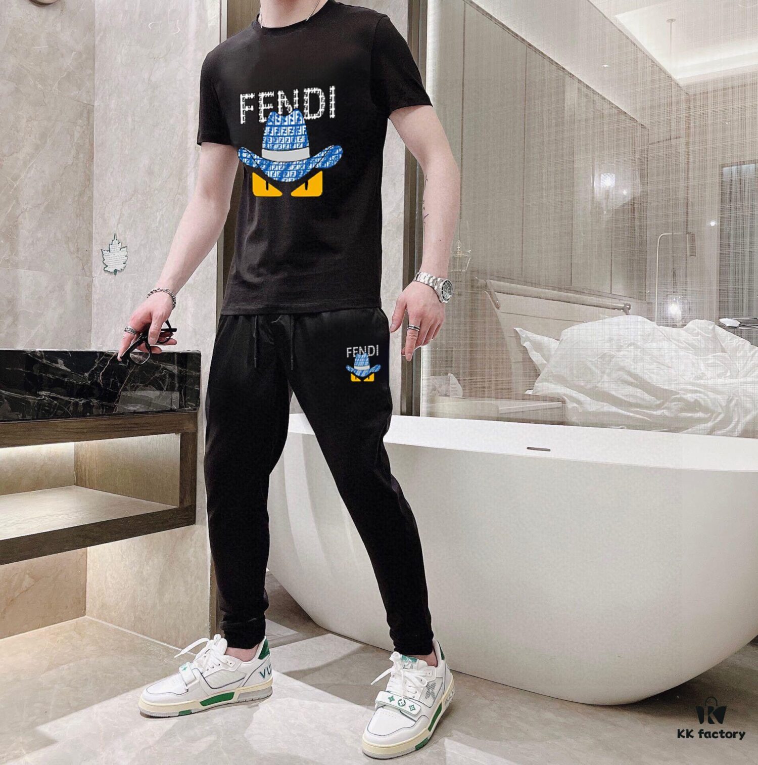 FENDI Men's High-Quality Double-Mercerized Cotton Summer Suit Set, Imported Premium Fabric, Trendy and Versatile Design