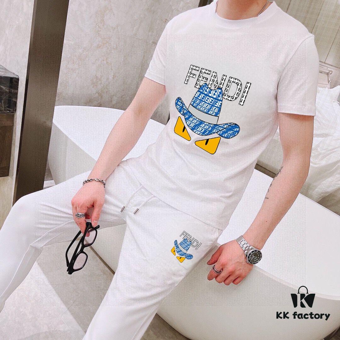 FENDI Men's High-Quality Double-Mercerized Cotton Summer Suit Set, Imported Premium Fabric, Trendy and Versatile Design