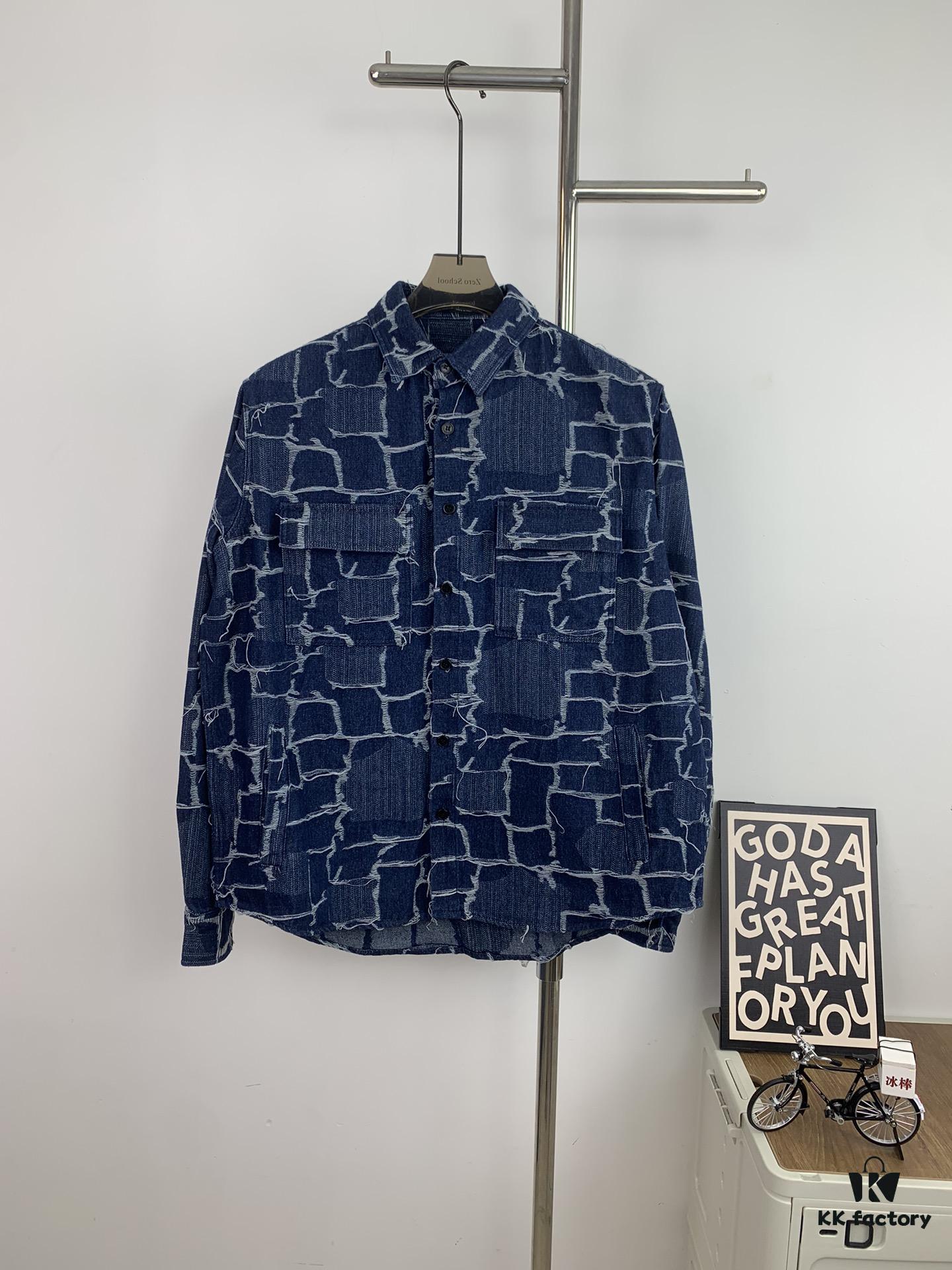 New FENDI Logo Jacquard Denim Shirt with Fringe and Double F Pattern, Spring/Summer 2024 Collection Long Sleeve Casual Shirt