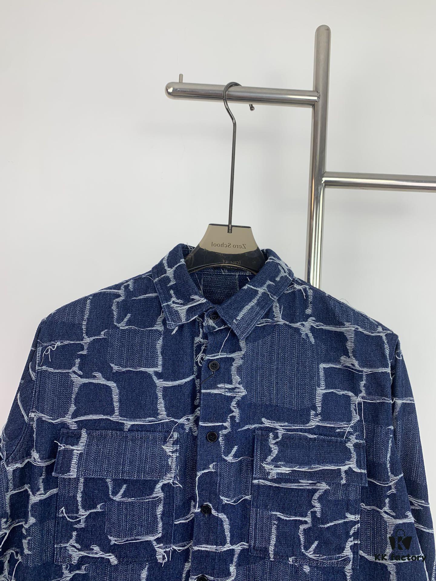 New FENDI Logo Jacquard Denim Shirt with Fringe and Double F Pattern, Spring/Summer 2024 Collection Long Sleeve Casual Shirt