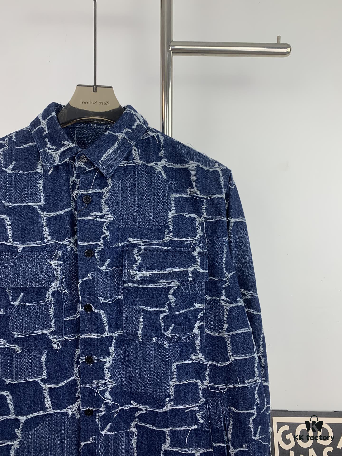 New FENDI Logo Jacquard Denim Shirt with Fringe and Double F Pattern, Spring/Summer 2024 Collection Long Sleeve Casual Shirt