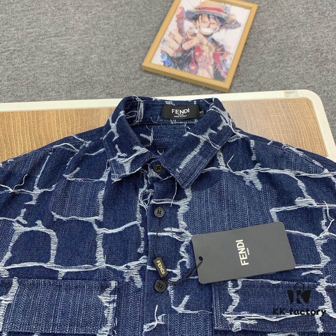 New FENDI Logo Jacquard Denim Shirt with Fringe and Double F Pattern, Spring/Summer 2024 Collection Long Sleeve Casual Shirt