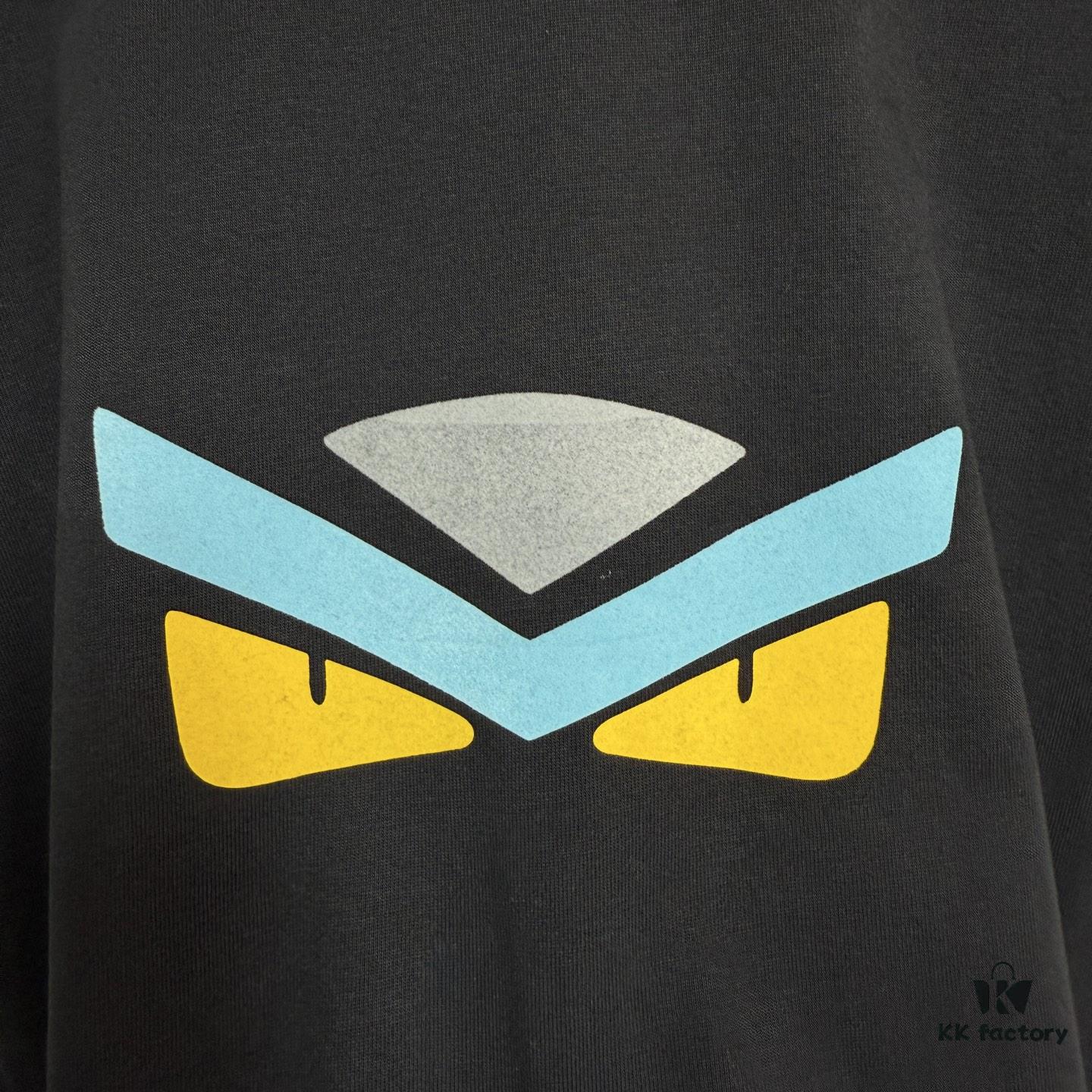 FENDI Round-Neck Short-Sleeve T-Shirt with Eye Print, Pure Cotton Fabric Featuring Gold Snake-Eye Design and Lettering Logo, Mother-of-Pearl Buttons