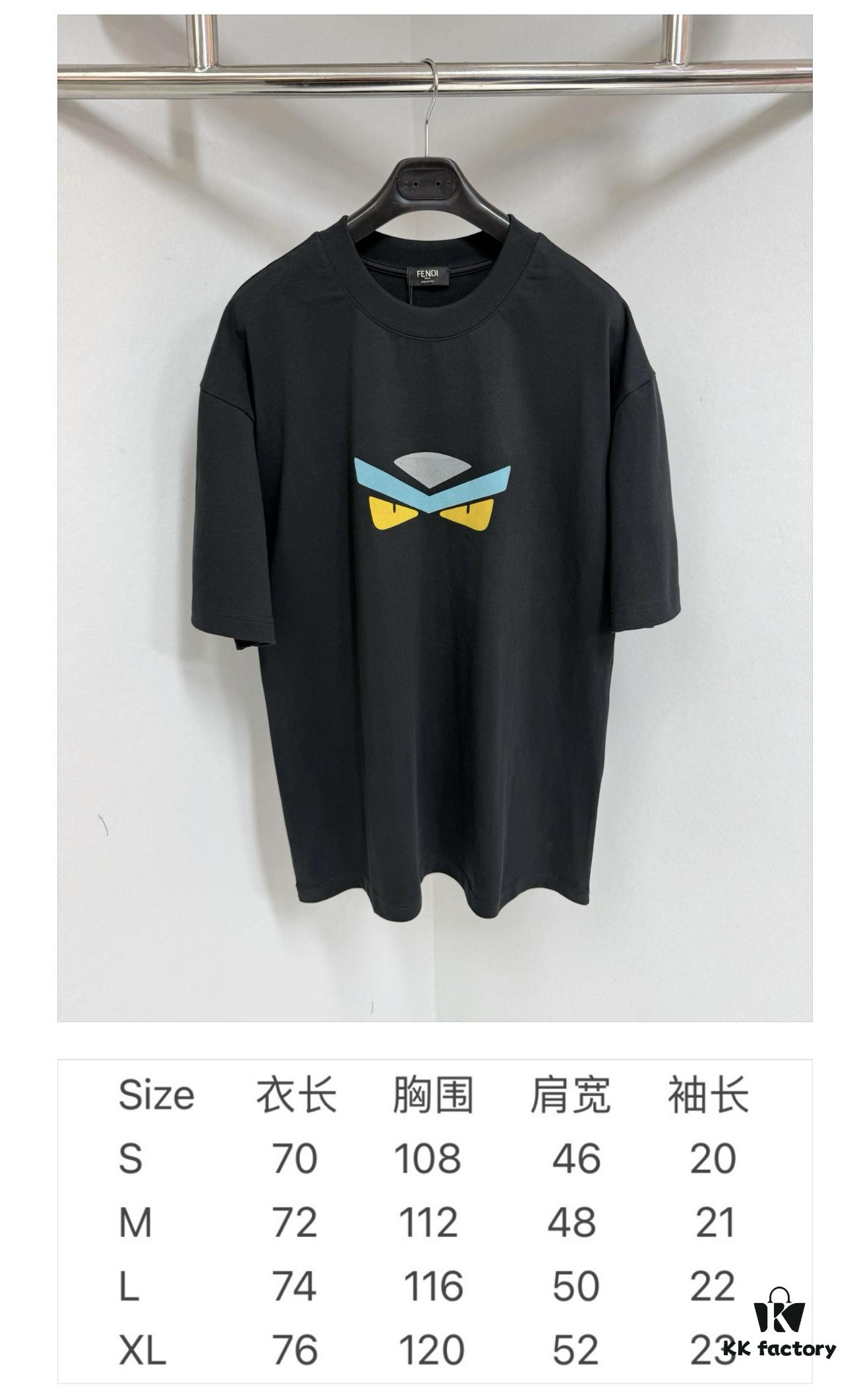 FENDI Round-Neck Short-Sleeve T-Shirt with Eye Print, Pure Cotton Fabric Featuring Gold Snake-Eye Design and Lettering Logo, Mother-of-Pearl Buttons