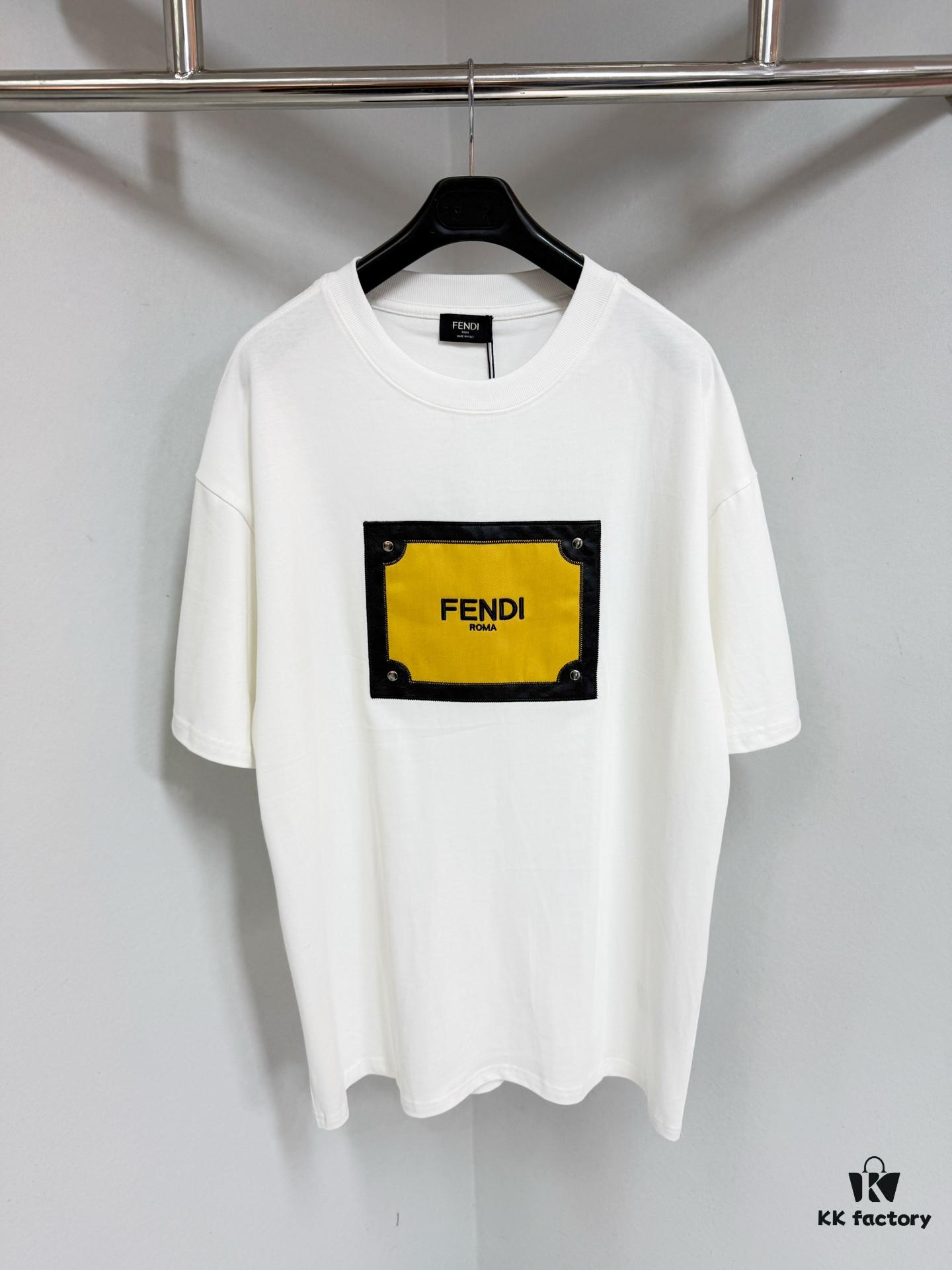 FENDI Panelled Leather Letter Appliqué Round-Neck Short-Sleeve T-Shirt