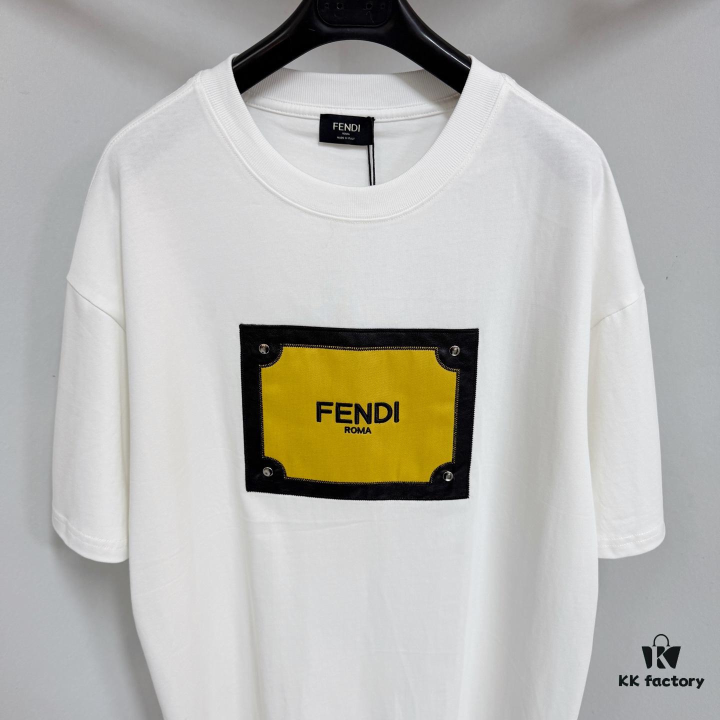 FENDI Panelled Leather Letter Appliqué Round-Neck Short-Sleeve T-Shirt