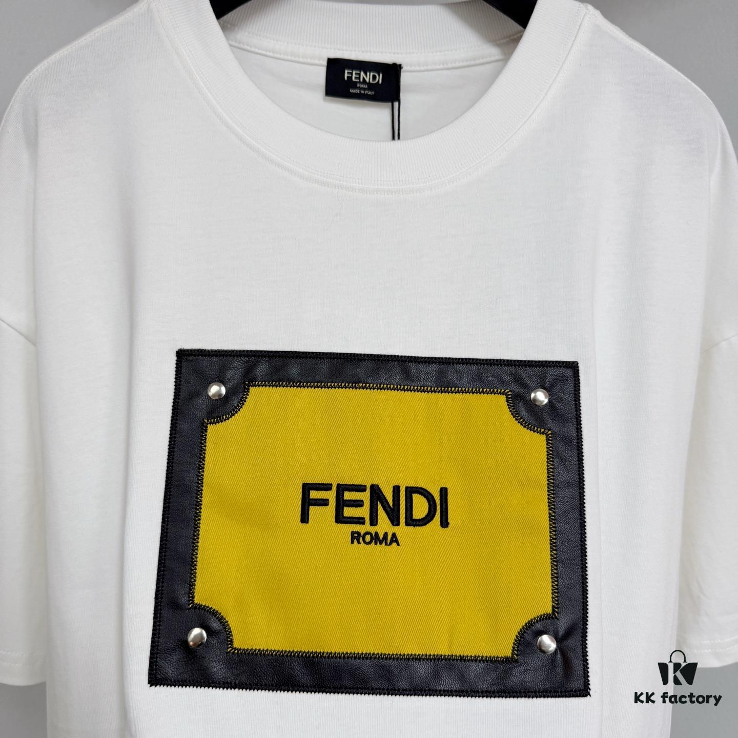 FENDI Panelled Leather Letter Appliqué Round-Neck Short-Sleeve T-Shirt