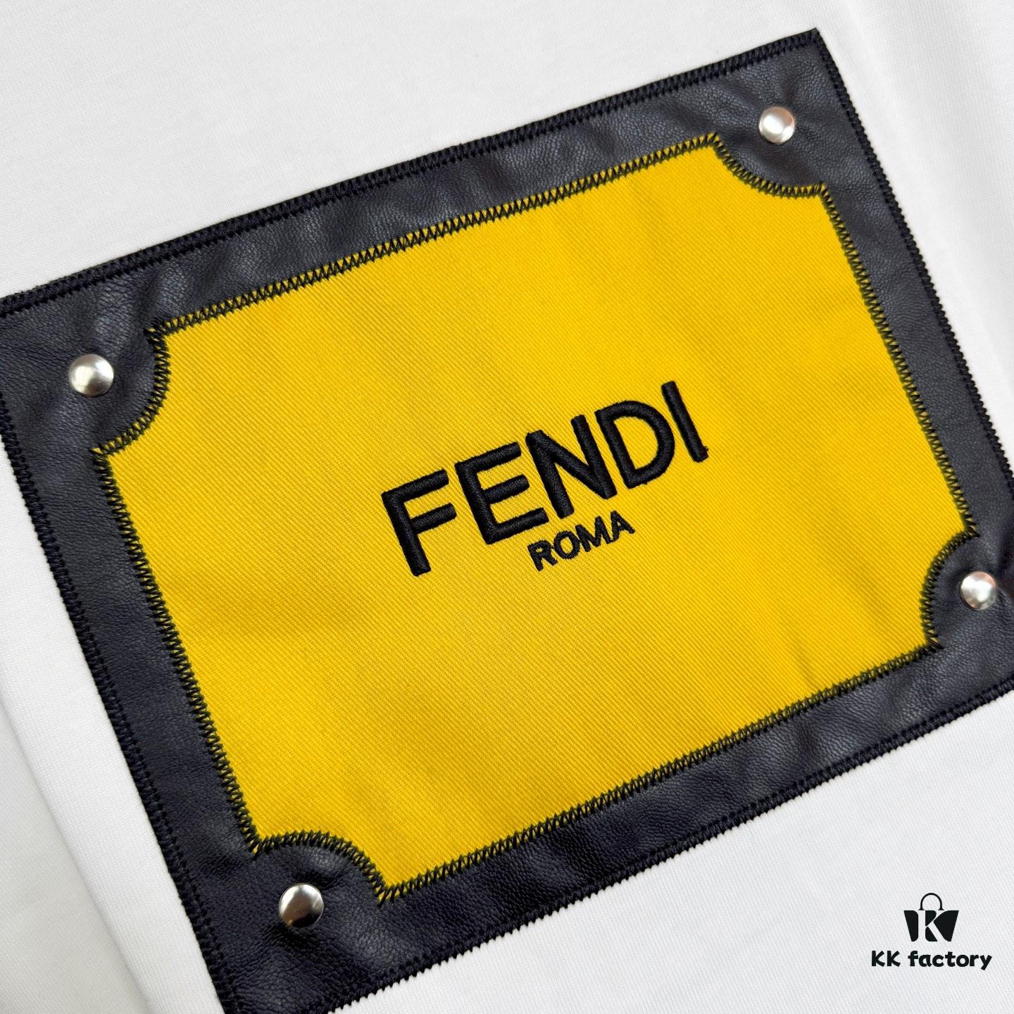 FENDI Panelled Leather Letter Appliqué Round-Neck Short-Sleeve T-Shirt