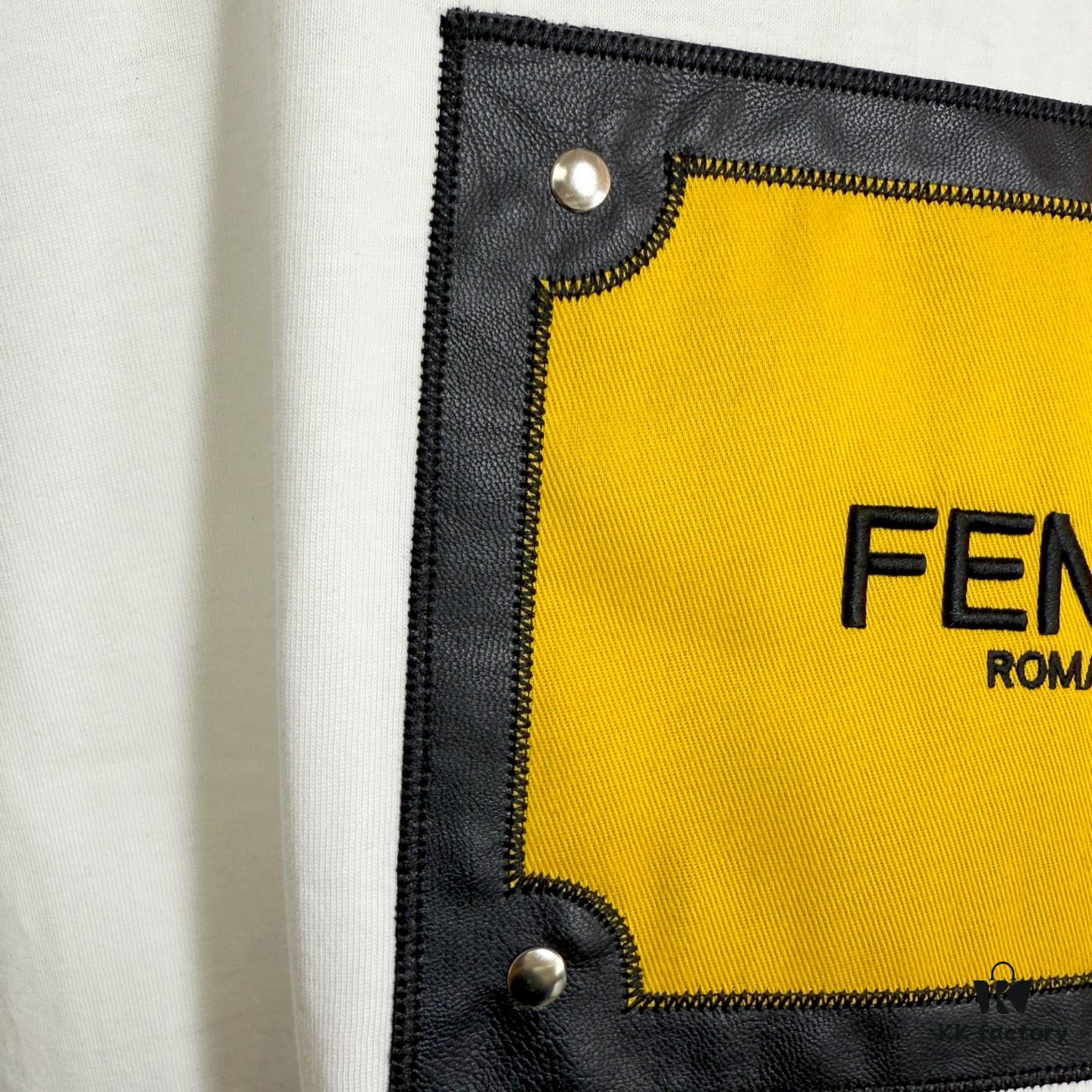 FENDI Panelled Leather Letter Appliqué Round-Neck Short-Sleeve T-Shirt