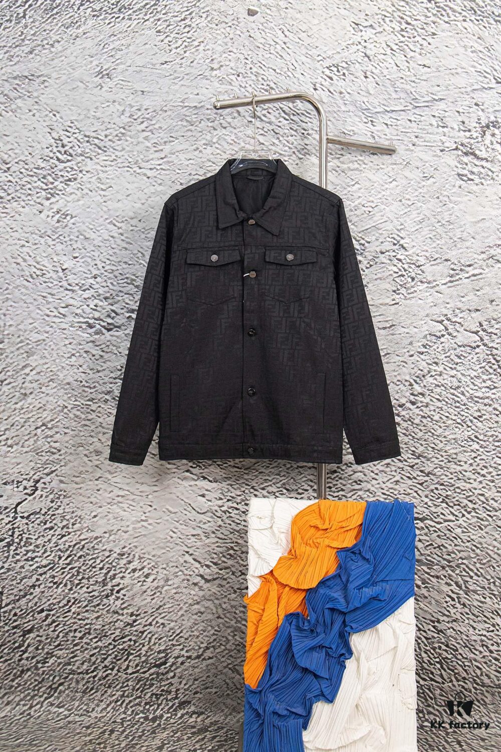 FENDI FEND Heavyweight Denim Jacket Coat in Shirt Style, Custom Woven Fabric with FF Jacquard and Towel-Like Bold Lettering