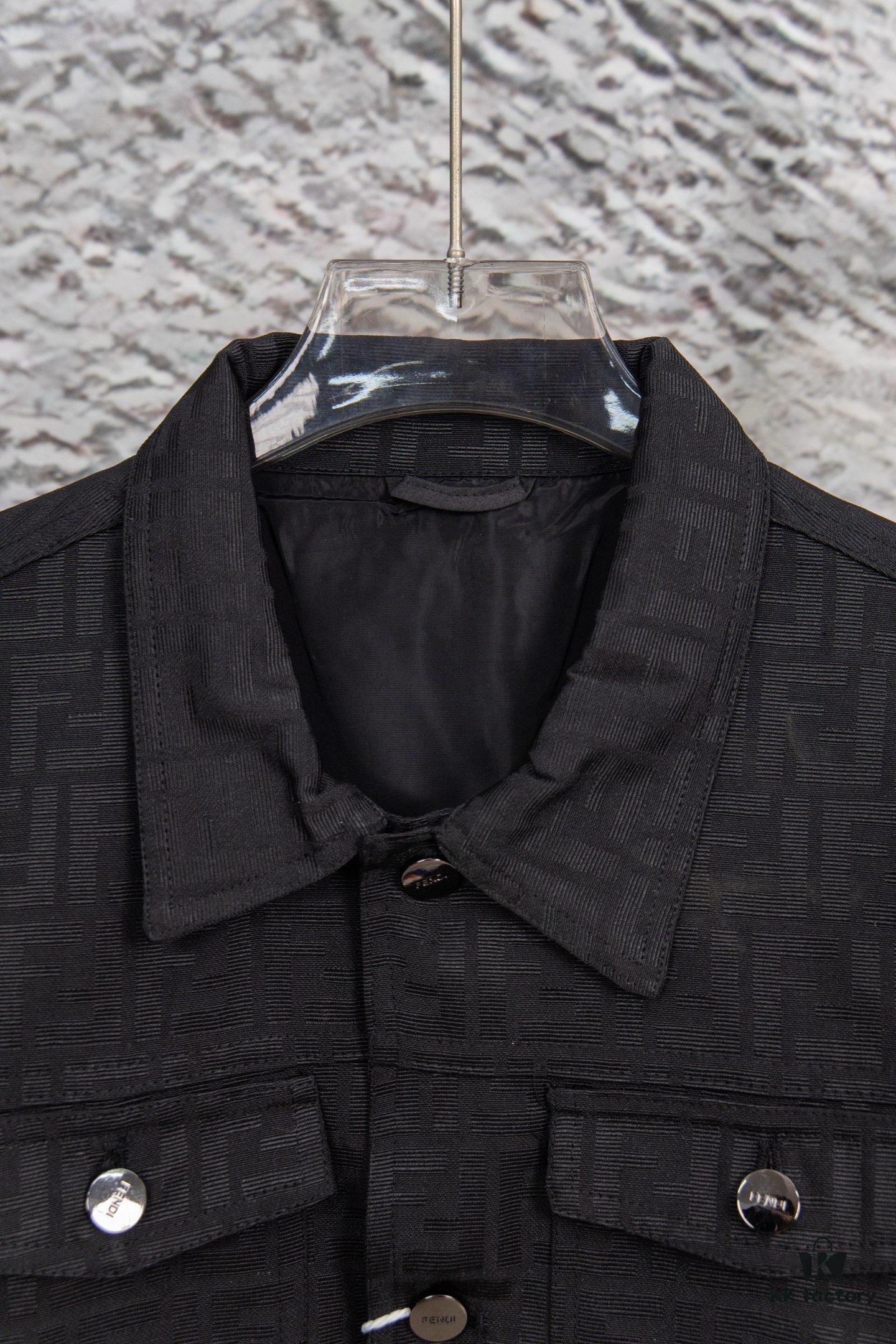 FENDI FEND Heavyweight Denim Jacket Coat in Shirt Style, Custom Woven Fabric with FF Jacquard and Towel-Like Bold Lettering