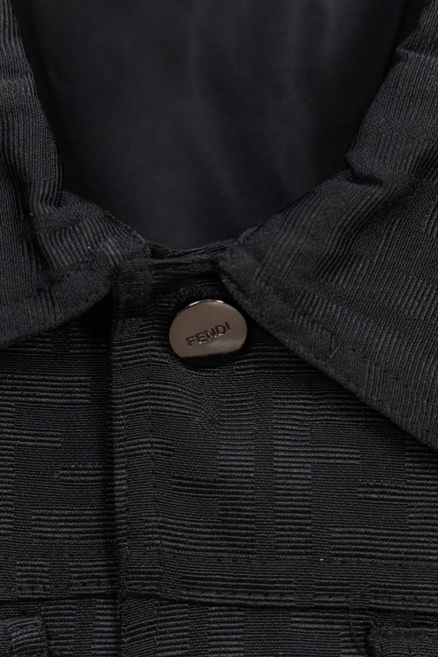 FENDI FEND Heavyweight Denim Jacket Coat in Shirt Style, Custom Woven Fabric with FF Jacquard and Towel-Like Bold Lettering