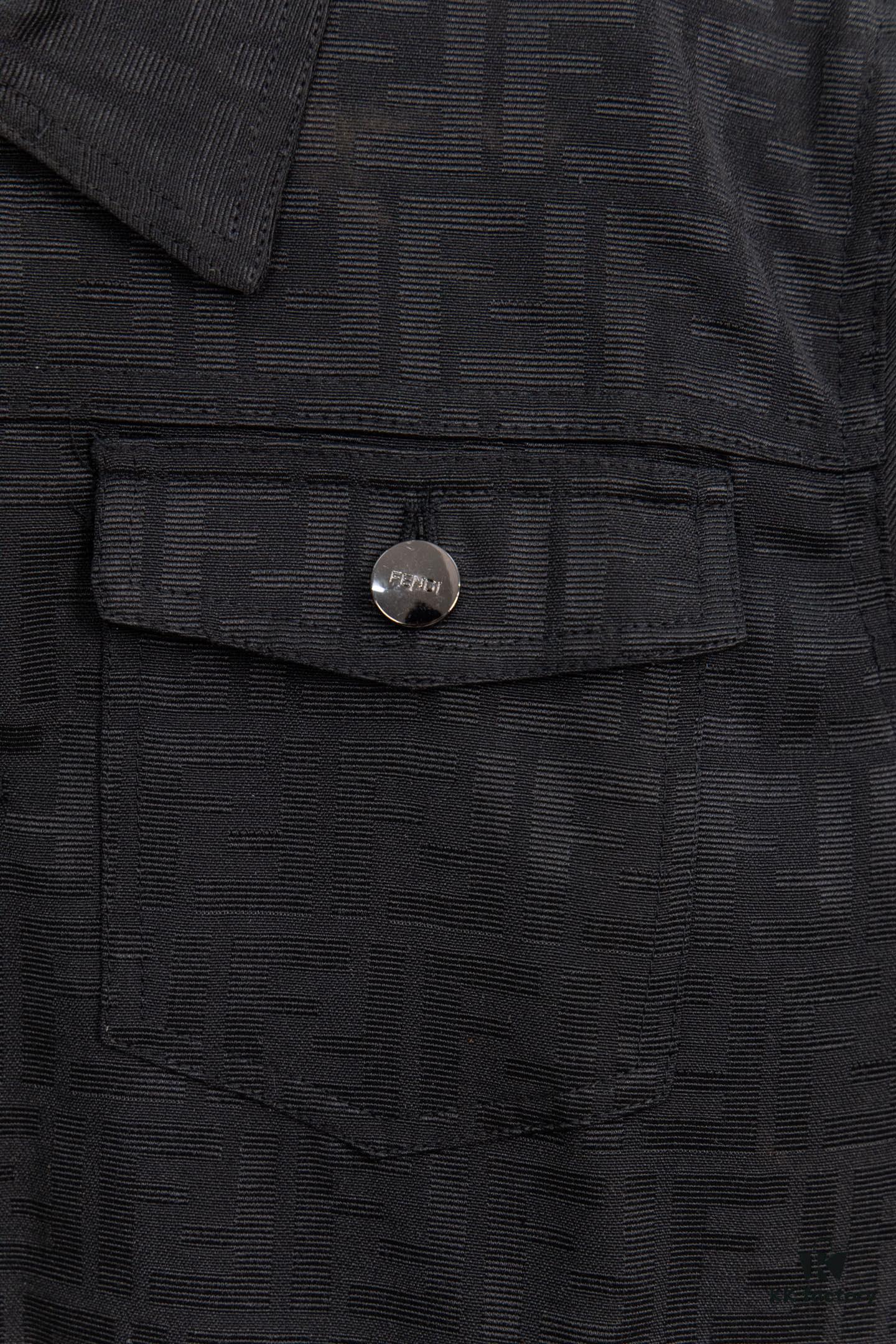 FENDI FEND Heavyweight Denim Jacket Coat in Shirt Style, Custom Woven Fabric with FF Jacquard and Towel-Like Bold Lettering