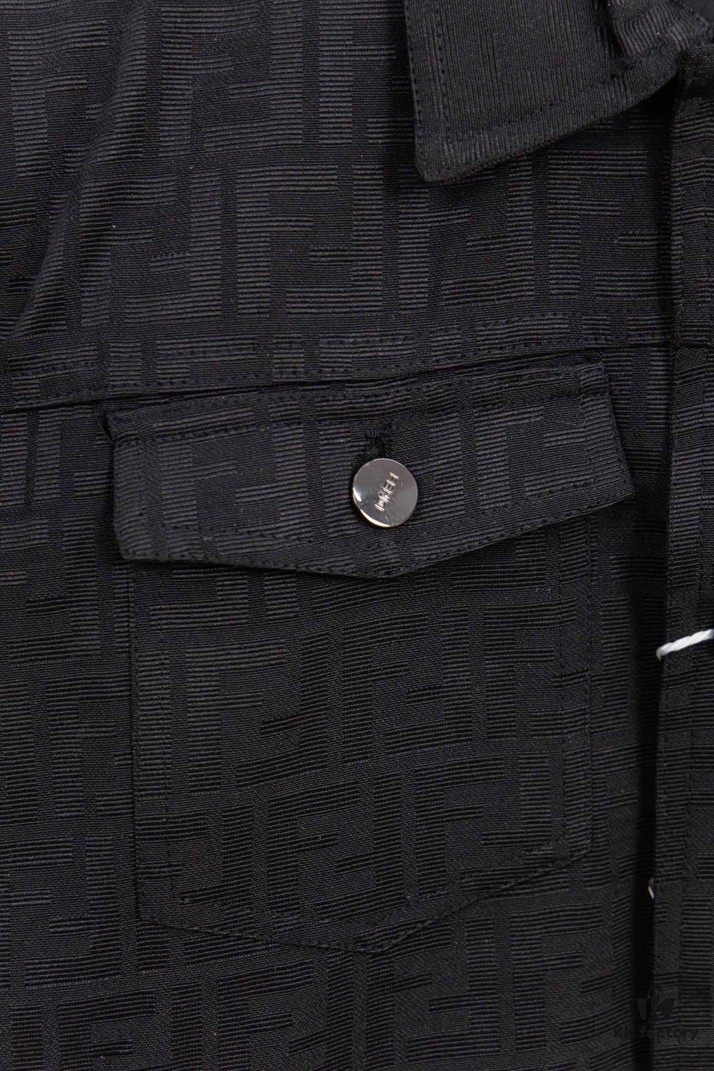 FENDI FEND Heavyweight Denim Jacket Coat in Shirt Style, Custom Woven Fabric with FF Jacquard and Towel-Like Bold Lettering