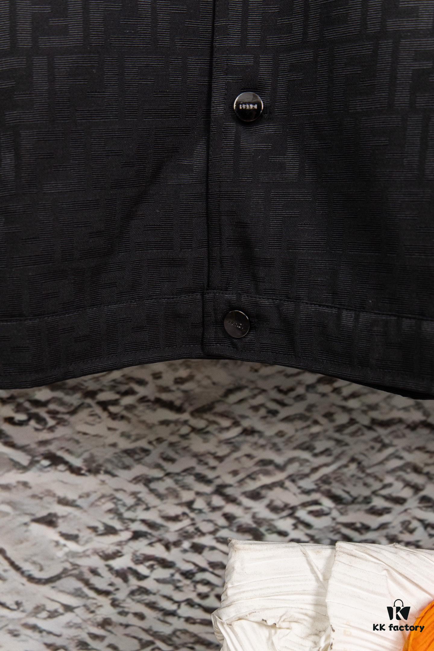 FENDI FEND Heavyweight Denim Jacket Coat in Shirt Style, Custom Woven Fabric with FF Jacquard and Towel-Like Bold Lettering