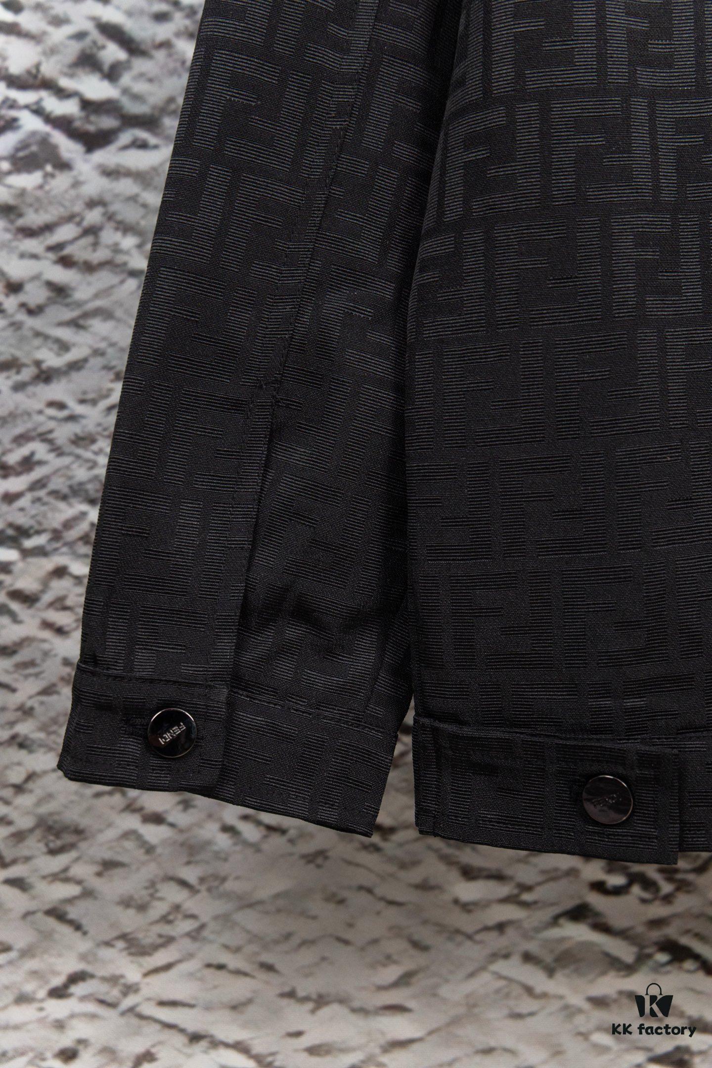 FENDI FEND Heavyweight Denim Jacket Coat in Shirt Style, Custom Woven Fabric with FF Jacquard and Towel-Like Bold Lettering