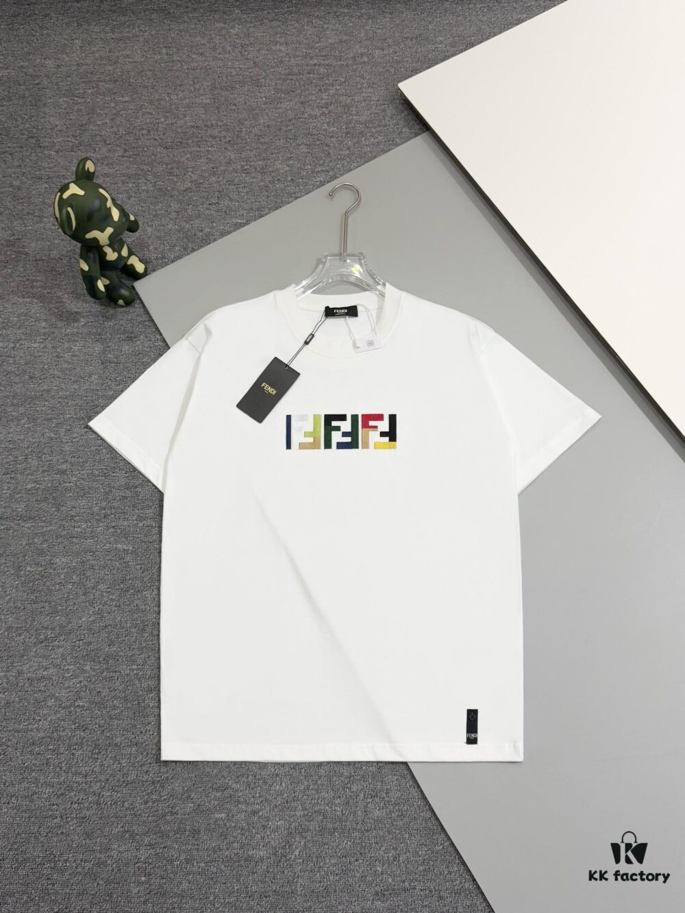 Fendi FD Colorful Embroidered FF Logo Short Sleeve T-Shirt, Inverted FF Embroidery on Back, Tatami Stitching Technique, 32s 280g Double-combed Cotton Fabric, Soft, Breathable, Anti-deformation, Anti-shrinkage, Fade-resistant, Loose Fit Unisex Design