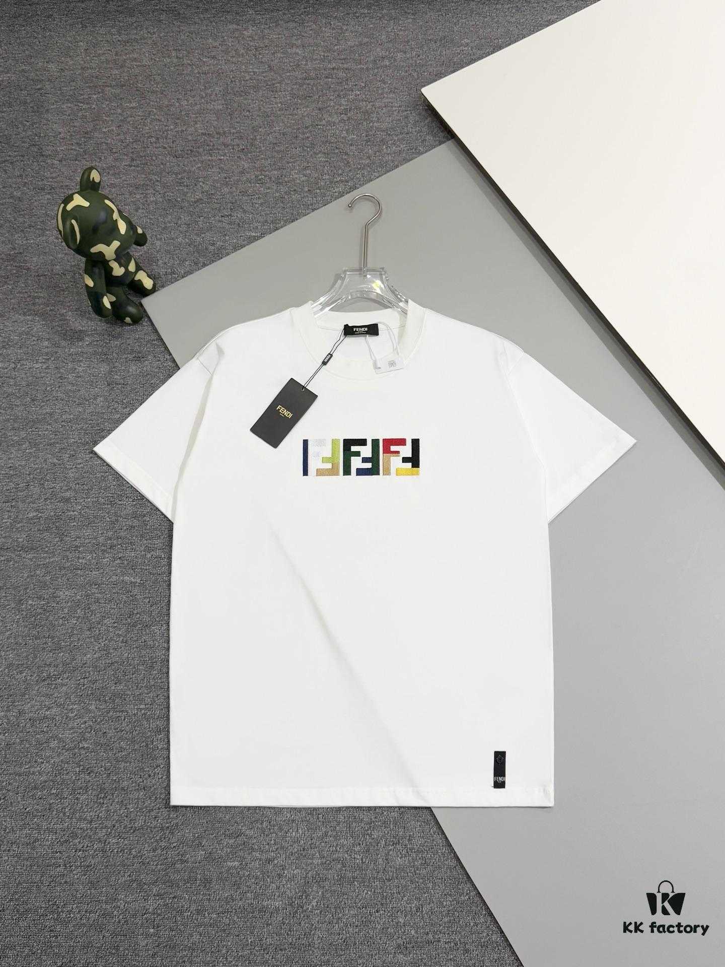 Fendi FD Colorful Embroidered FF Logo Short Sleeve T-Shirt, Inverted FF Embroidery on Back, Tatami Stitching Technique, 32s 280g Double-combed Cotton Fabric, Soft, Breathable, Anti-deformation, Anti-shrinkage, Fade-resistant, Loose Fit Unisex Design
