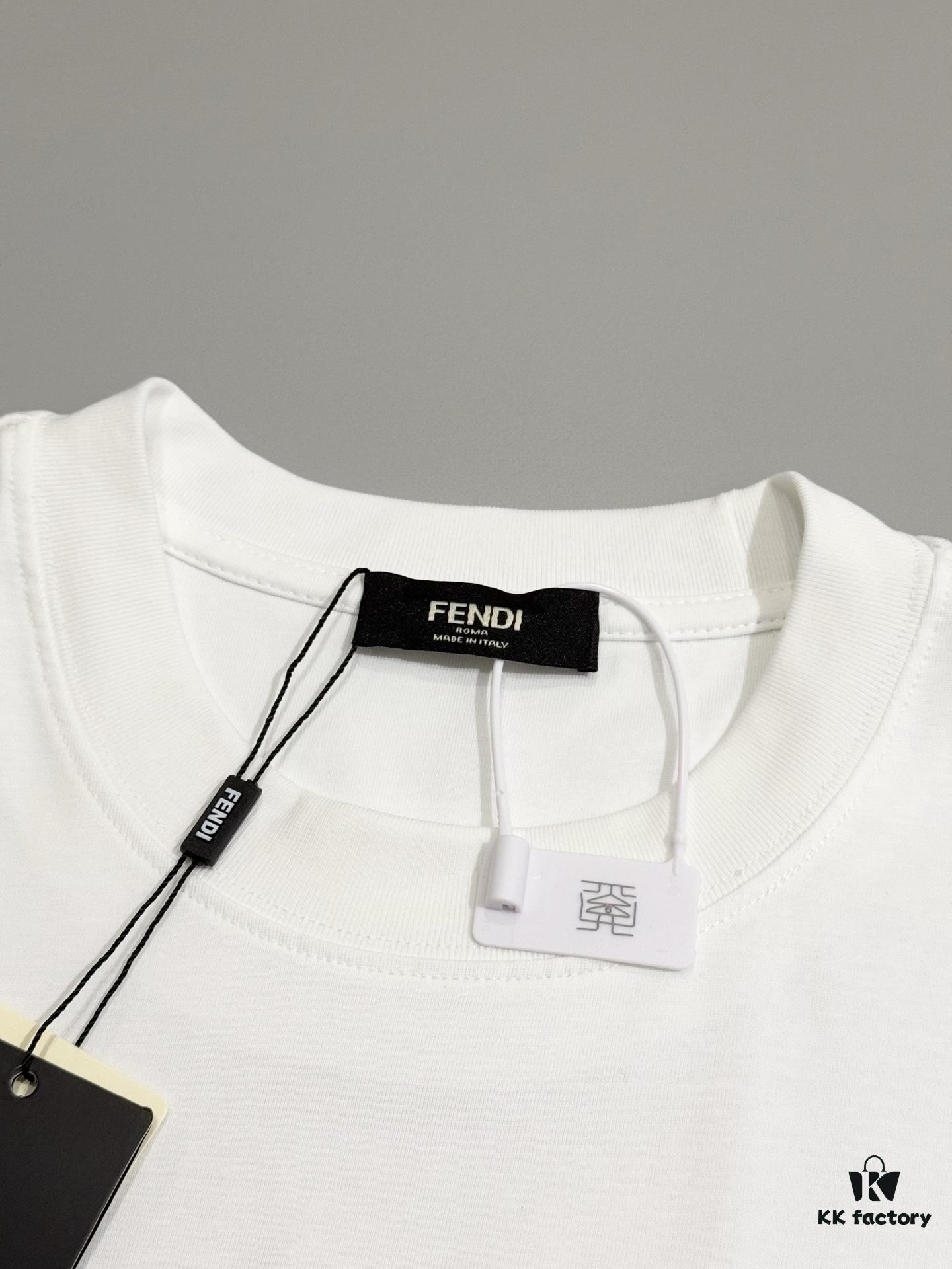 Fendi FD Colorful Embroidered FF Logo Short Sleeve T-Shirt, Inverted FF Embroidery on Back, Tatami Stitching Technique, 32s 280g Double-combed Cotton Fabric, Soft, Breathable, Anti-deformation, Anti-shrinkage, Fade-resistant, Loose Fit Unisex Design
