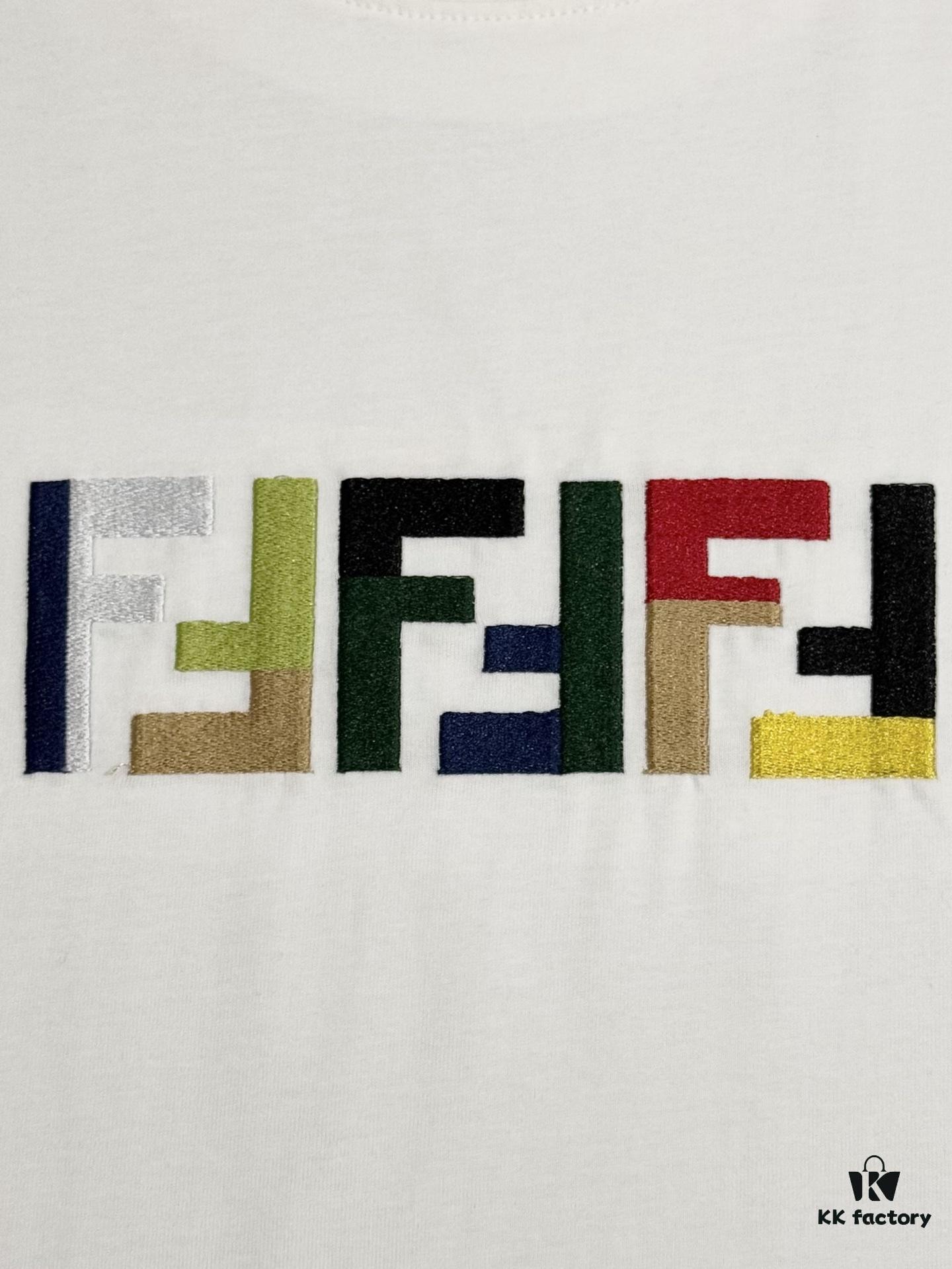Fendi FD Colorful Embroidered FF Logo Short Sleeve T-Shirt, Inverted FF Embroidery on Back, Tatami Stitching Technique, 32s 280g Double-combed Cotton Fabric, Soft, Breathable, Anti-deformation, Anti-shrinkage, Fade-resistant, Loose Fit Unisex Design