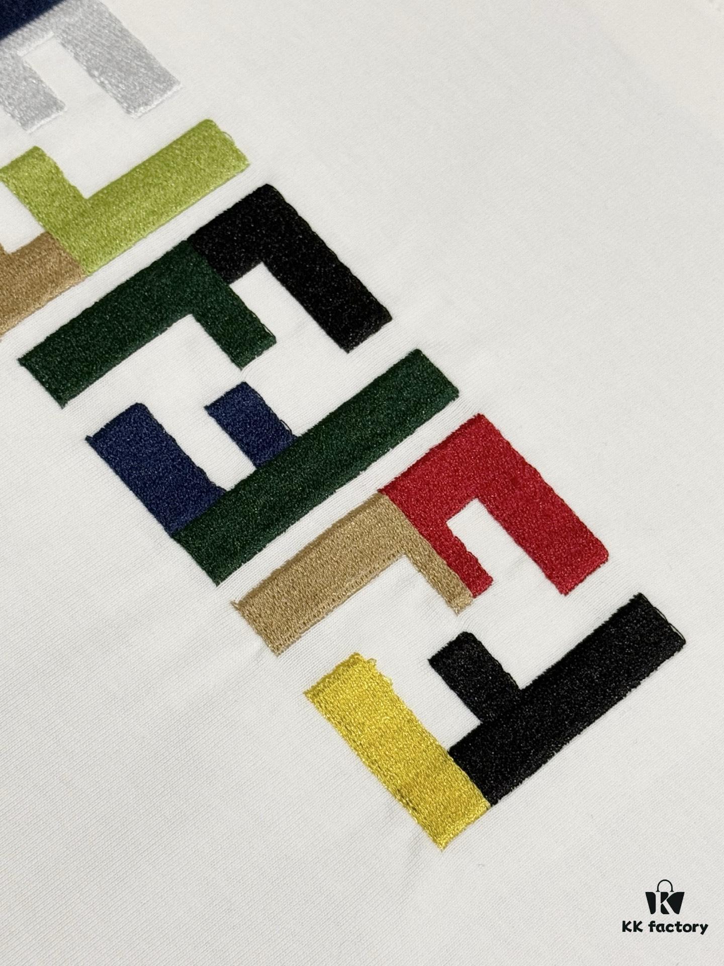 Fendi FD Colorful Embroidered FF Logo Short Sleeve T-Shirt, Inverted FF Embroidery on Back, Tatami Stitching Technique, 32s 280g Double-combed Cotton Fabric, Soft, Breathable, Anti-deformation, Anti-shrinkage, Fade-resistant, Loose Fit Unisex Design