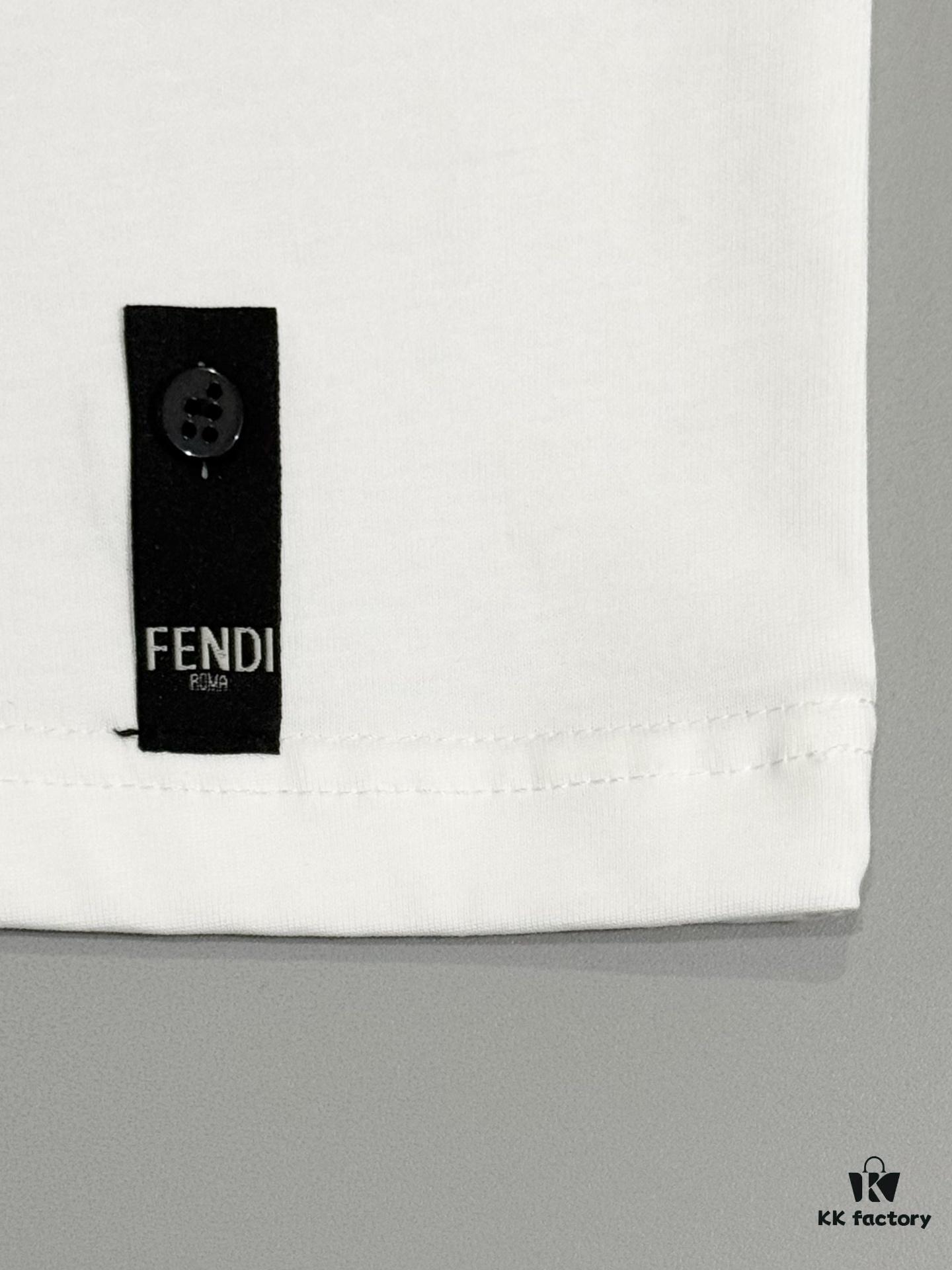 Fendi FD Colorful Embroidered FF Logo Short Sleeve T-Shirt, Inverted FF Embroidery on Back, Tatami Stitching Technique, 32s 280g Double-combed Cotton Fabric, Soft, Breathable, Anti-deformation, Anti-shrinkage, Fade-resistant, Loose Fit Unisex Design