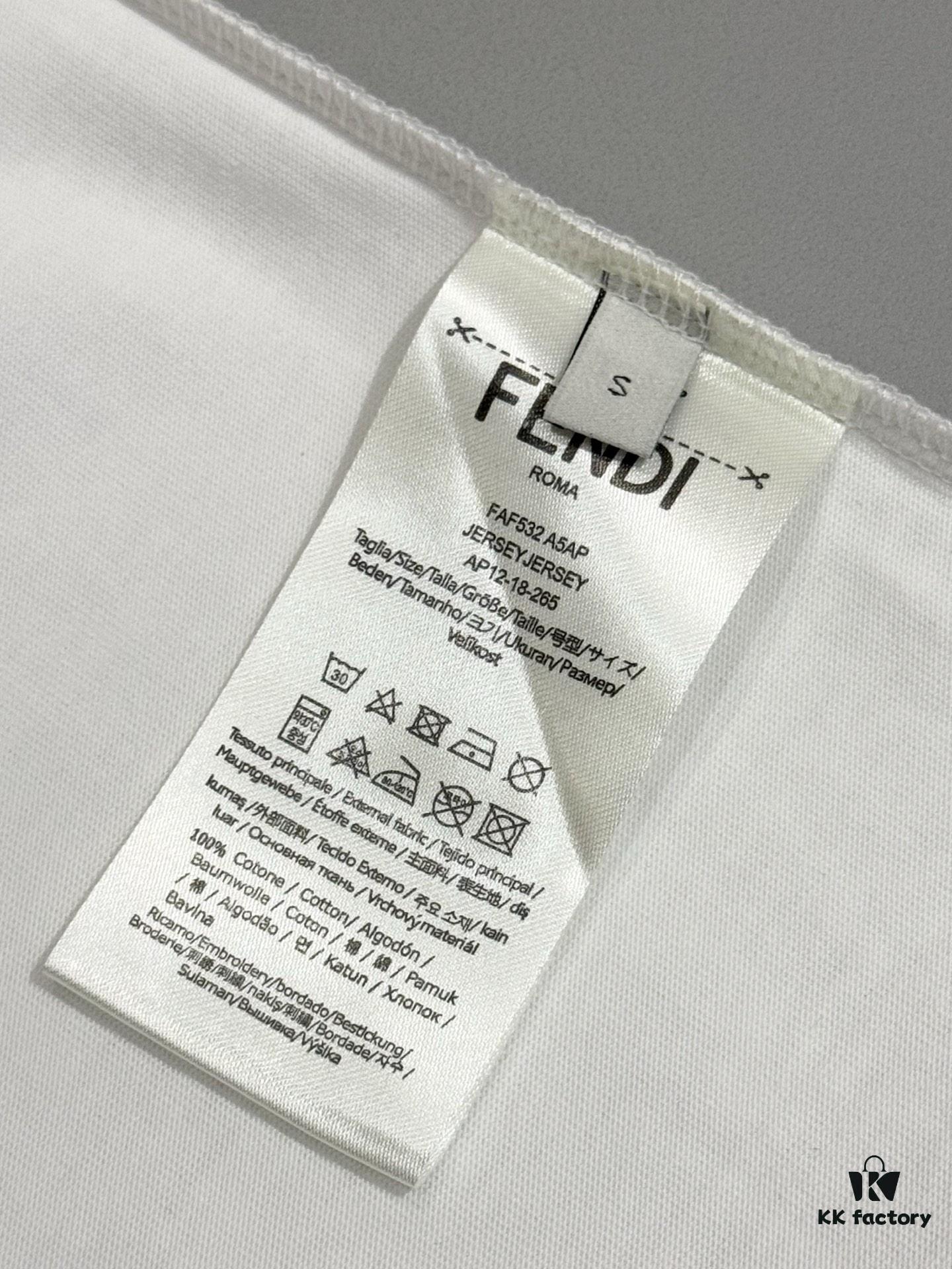 Fendi FD Colorful Embroidered FF Logo Short Sleeve T-Shirt, Inverted FF Embroidery on Back, Tatami Stitching Technique, 32s 280g Double-combed Cotton Fabric, Soft, Breathable, Anti-deformation, Anti-shrinkage, Fade-resistant, Loose Fit Unisex Design