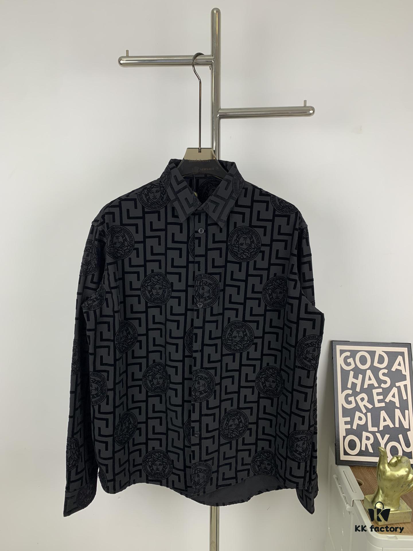 New Versace VERSACE 2024 SS Unisex Flocked Shirt with Logo Buckle, Cotton Satin Fabric with Subtle Stretch