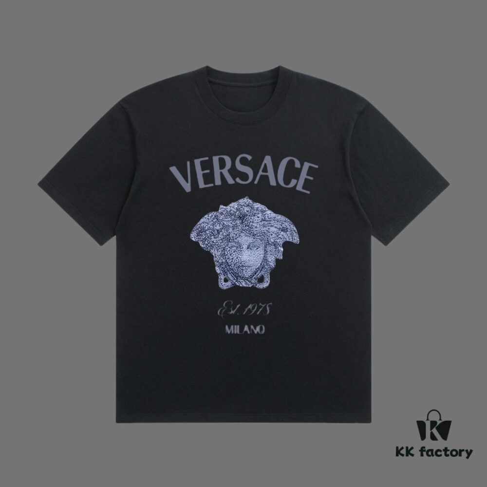 VERSACE 2025 Fall Spring/Summer Collection Medusa Logo Short-Sleeve T-Shirt, Premium Quality, Custom Woven 270G 32-Count Double-Yarn Pure Cotton Fabric, Relaxed Fit Unisex Design