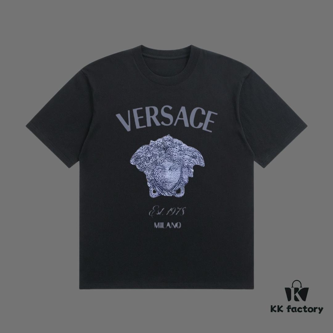 VERSACE 2025 Fall Spring/Summer Collection Medusa Logo Short-Sleeve T-Shirt, Premium Quality, Custom Woven 270G 32-Count Double-Yarn Pure Cotton Fabric, Relaxed Fit Unisex Design