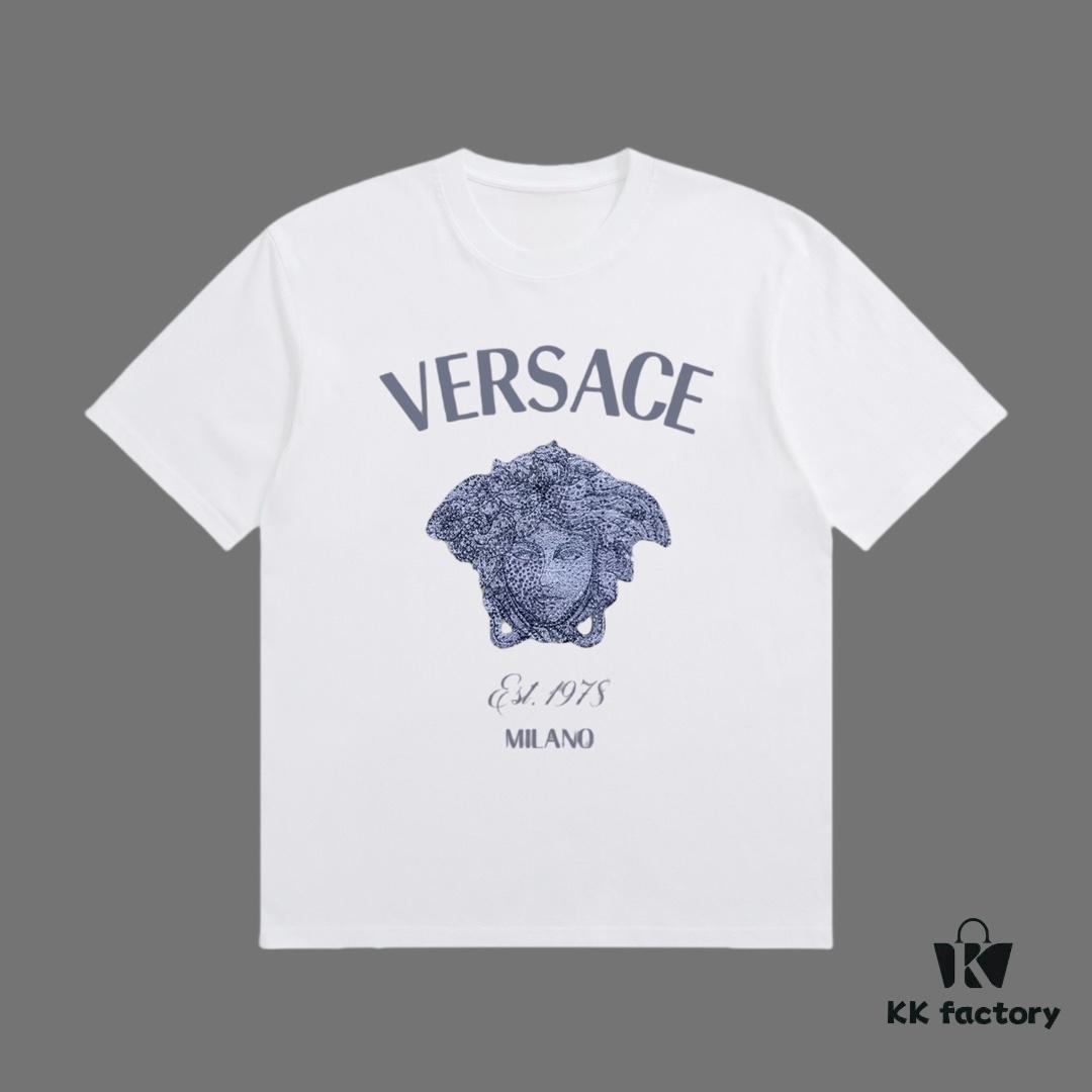 VERSACE 2025 Fall Spring/Summer Collection Medusa Logo Short Sleeve T-Shirt, Premium 270G 32-Count Double-Yarn Cotton Fabric, Distinct from Regular Prints, Relaxed Fit Unisex Design