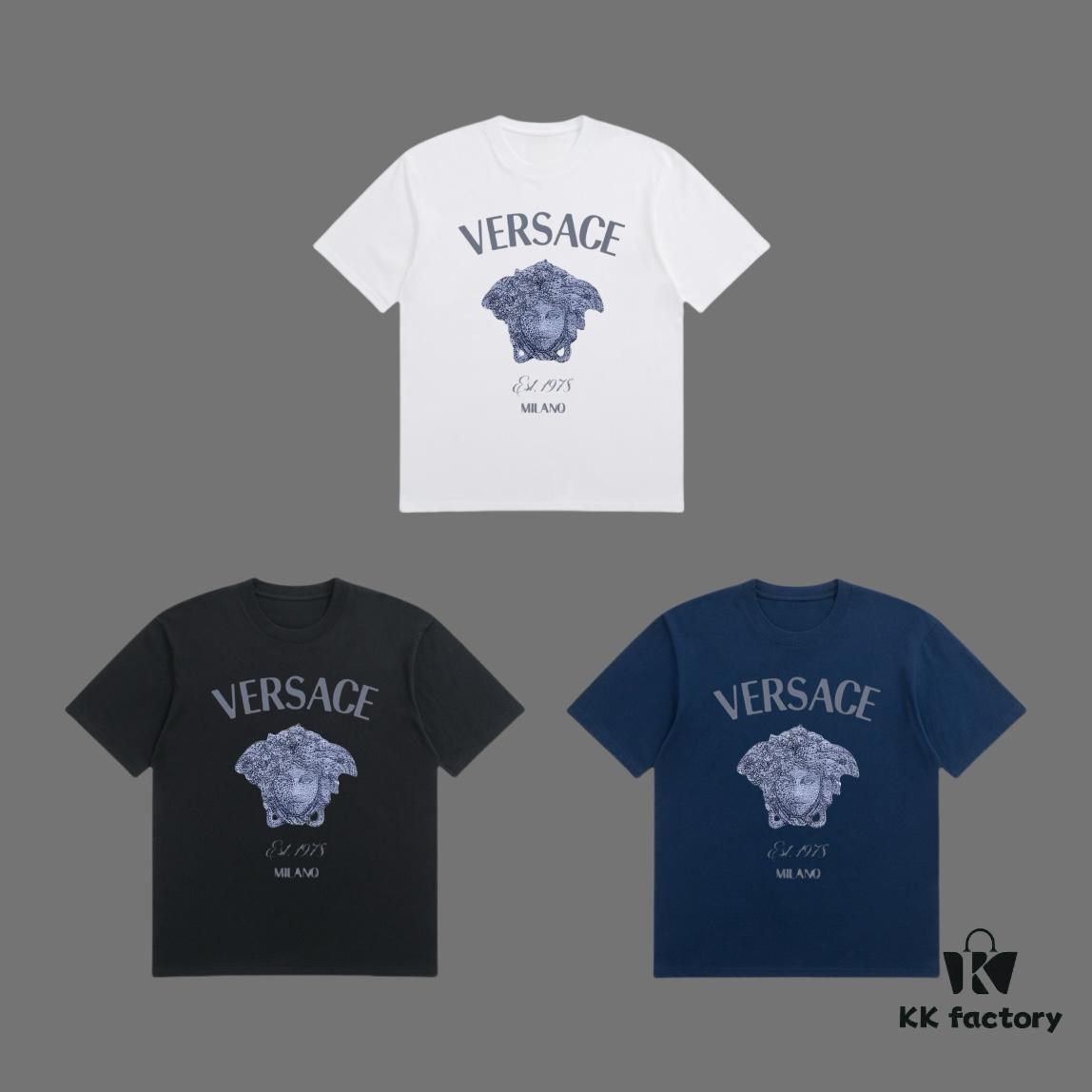 VERSACE 2025 Fall Spring/Summer Collection Medusa Logo Short Sleeve T-Shirt, Premium 270G 32-Count Double-Yarn Cotton Fabric, Distinct from Regular Prints, Relaxed Fit Unisex Design