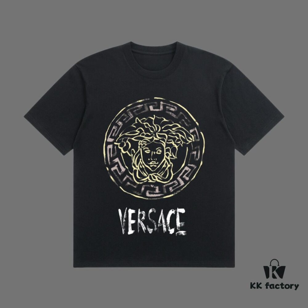 VERSACE 2025 Fall Spring/Summer Collection Medusa Logo Short Sleeve T-Shirt, Premium 270G 32-Count Double-Yarn Cotton Fabric, Distinct from Regular Print, Relaxed Fit Unisex Design