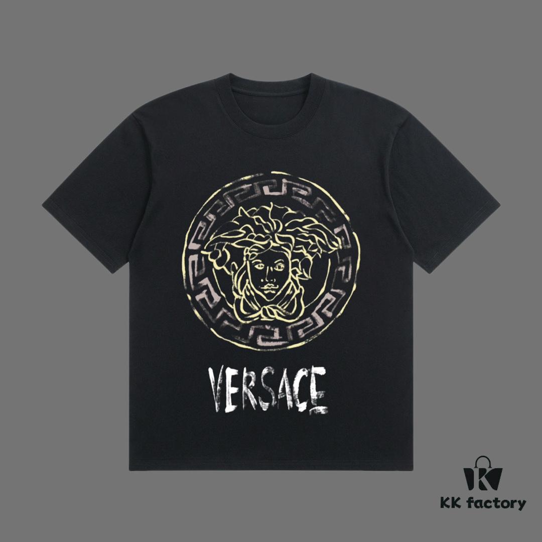 VERSACE 2025 Fall Spring/Summer Collection Medusa Logo Short Sleeve T-Shirt, Premium 270G 32-Count Double-Yarn Cotton Fabric, Distinct from Regular Print, Relaxed Fit Unisex Design