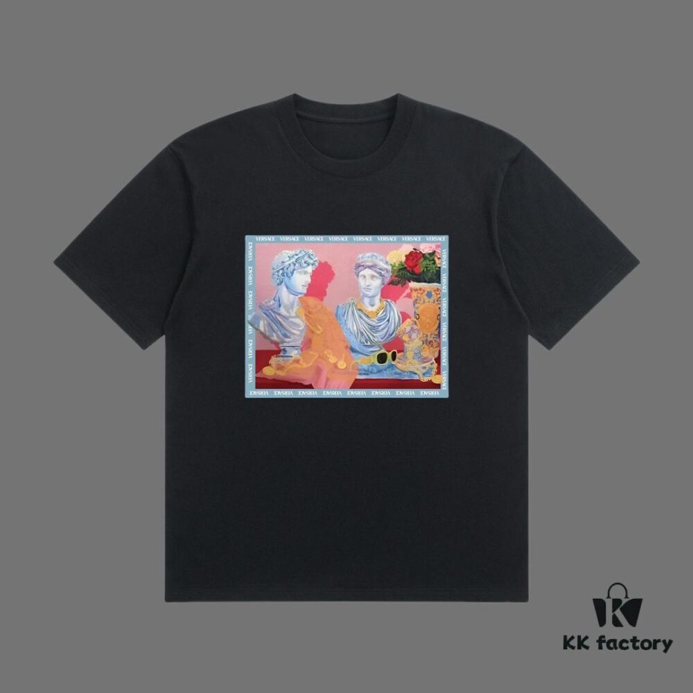 VERSACE 2025 Fall Spring-Summer Collection Medusa Logo Short Sleeve T-Shirt, Premium Quality, Distinct from Regular Print, Woven 270G 32-Count Double-Yarn Pure Cotton Fabric, Loose Fit, Unisex