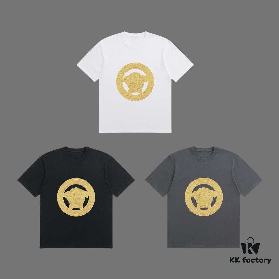 VERSACE 2025 Fall Spring/Summer Collection Medusa Logo Short Sleeve T-Shirt, Premium Quality, Custom Woven 270G 32-Count Double-Yarn Pure Cotton Fabric, Relaxed Fit Unisex Design