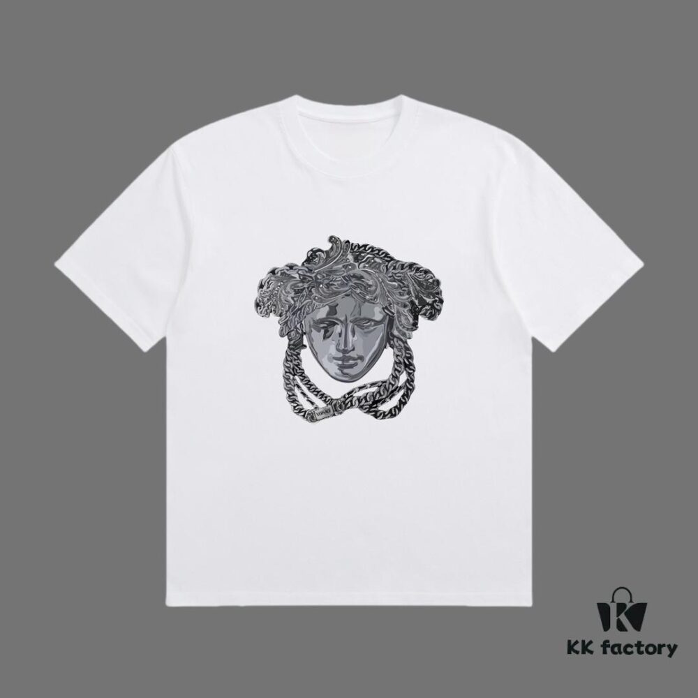 High-End Quality VERSACE 2025 Fall Spring Collection Medusa Logo Short Sleeve T-Shirt, Premium 270G 32-Count Double-Yarn Cotton Fabric, Distinct from Regular Prints, Loose Fit Unisex Design