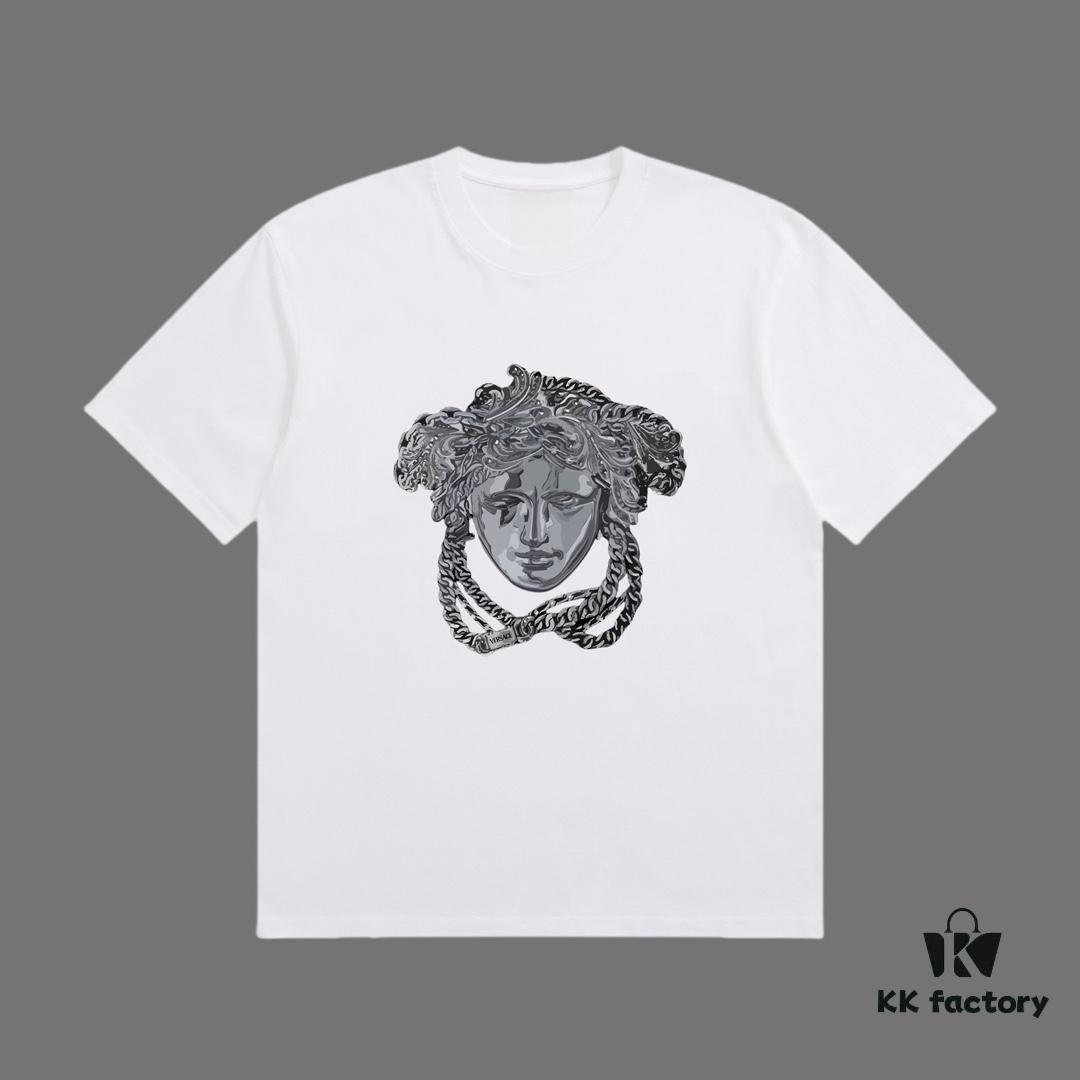 High-End Quality VERSACE 2025 Fall Spring Collection Medusa Logo Short Sleeve T-Shirt, Premium 270G 32-Count Double-Yarn Cotton Fabric, Distinct from Regular Prints, Loose Fit Unisex Design