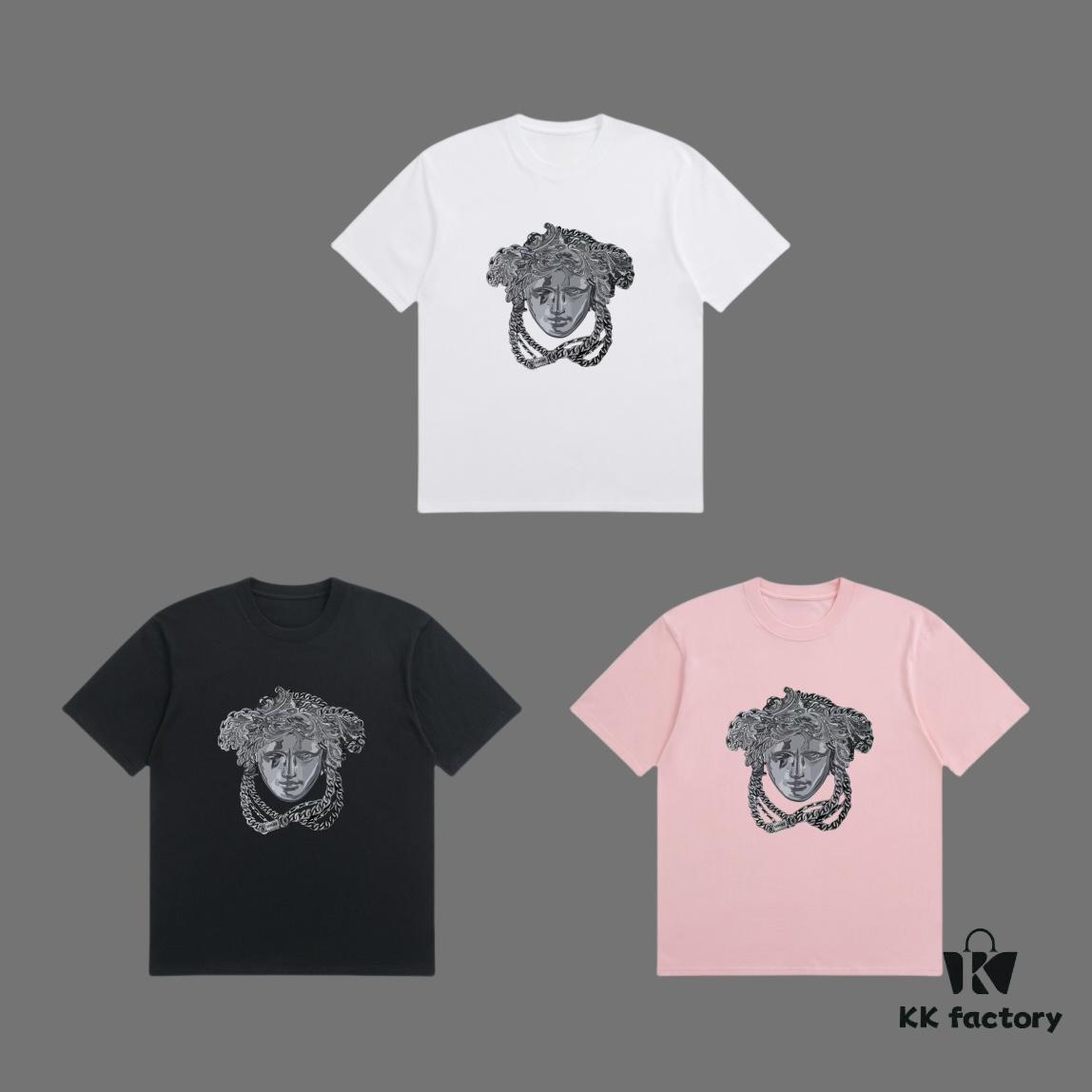 VERSACE 2025 Fall Spring-Summer Collection Medusa Logo Short Sleeve T-Shirt, Premium 270G 32-Count Double-Yarn Pure Cotton Fabric, Distinct from Regular Prints, Relaxed Fit Unisex Design