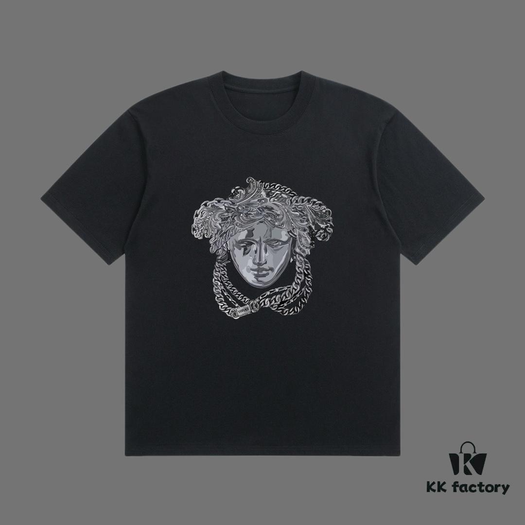 VERSACE 2025 Fall Spring/Summer Collection Medusa Logo Short Sleeve T-Shirt, Premium Quality, Distinctive from Regular Print, Custom Woven 270G 32-Count Double-Yarn Pure Cotton Fabric, Loose Fit Unisex Design