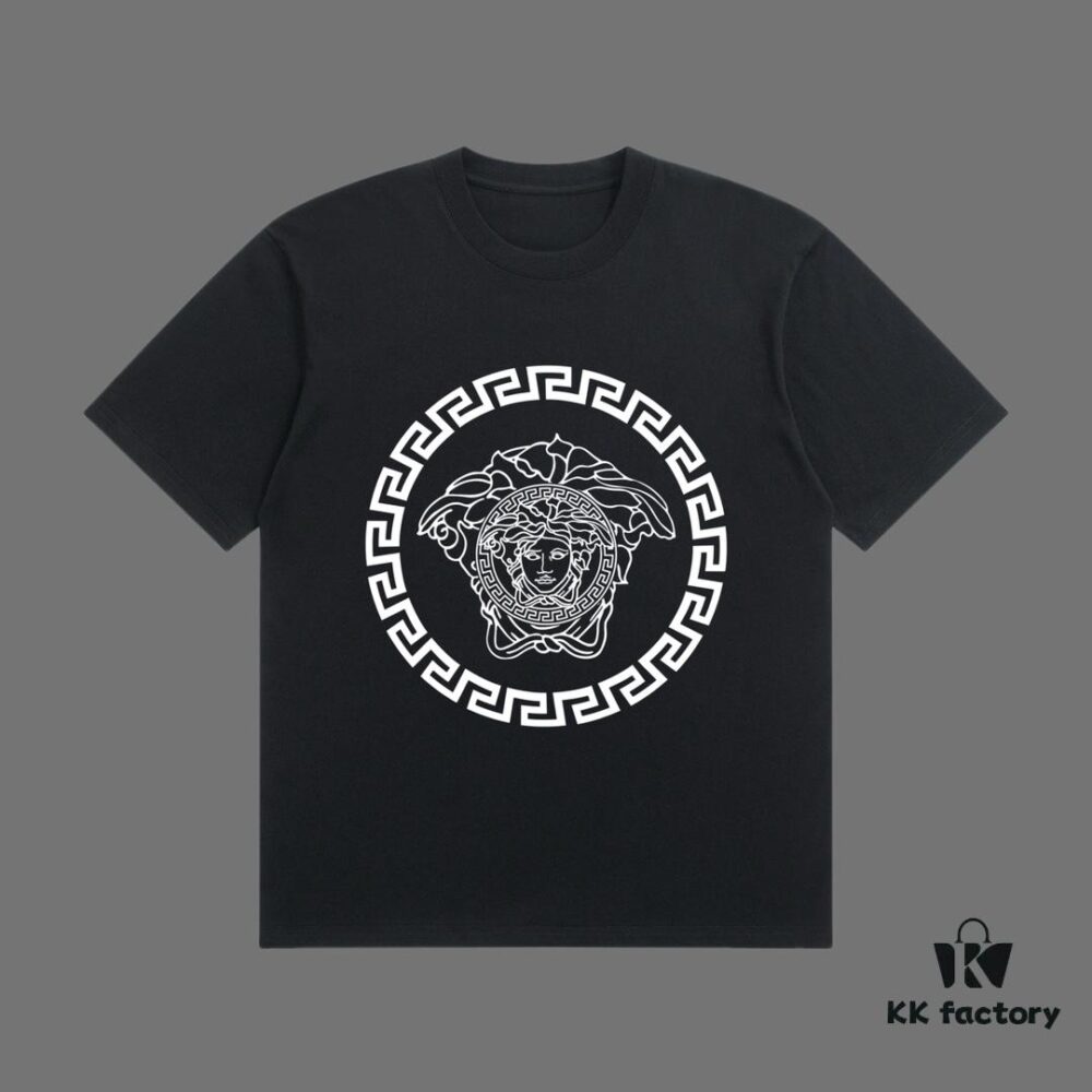 High-End Quality VERSACE 2025 Fall Spring/Summer Collection Medusa Logo Short-Sleeve T-Shirt, Premium 270G 32-Count Double-Yarn Pure Cotton Fabric, Relaxed Fit Unisex Design
