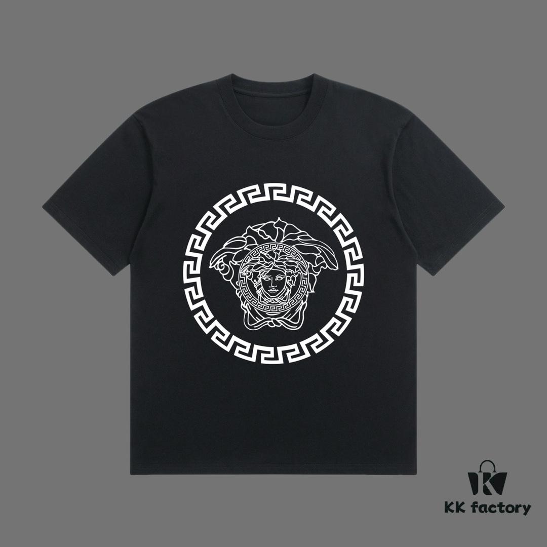 High-End Quality VERSACE 2025 Fall Spring/Summer Collection Medusa Logo Short-Sleeve T-Shirt, Premium 270G 32-Count Double-Yarn Pure Cotton Fabric, Relaxed Fit Unisex Design