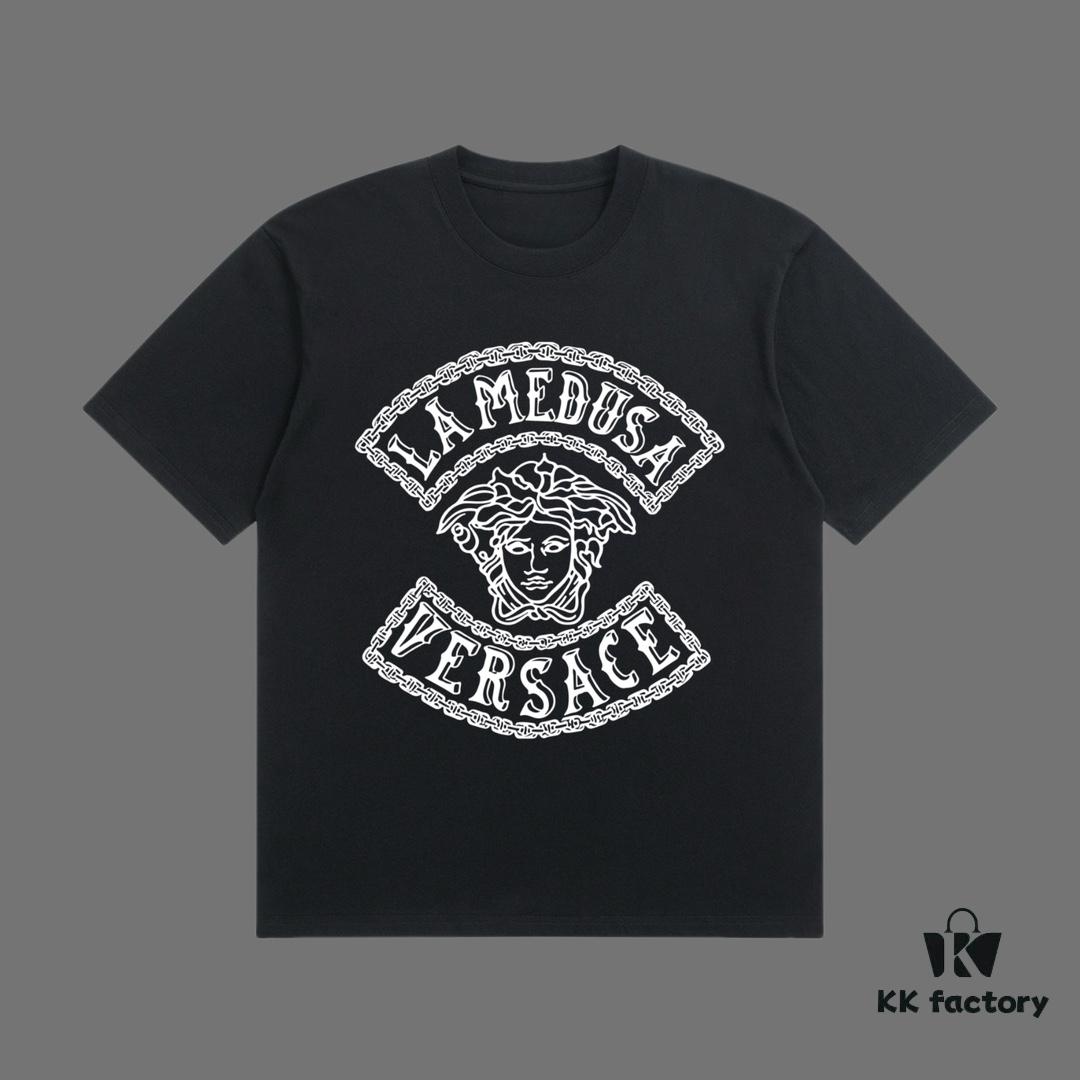 VERSACE 2025 Fall Spring/Summer Collection Medusa Logo Short Sleeve T-Shirt, Premium Quality, Custom Woven 270G 32-Count Double-Yarn Pure Cotton Fabric, Relaxed Fit Unisex Design