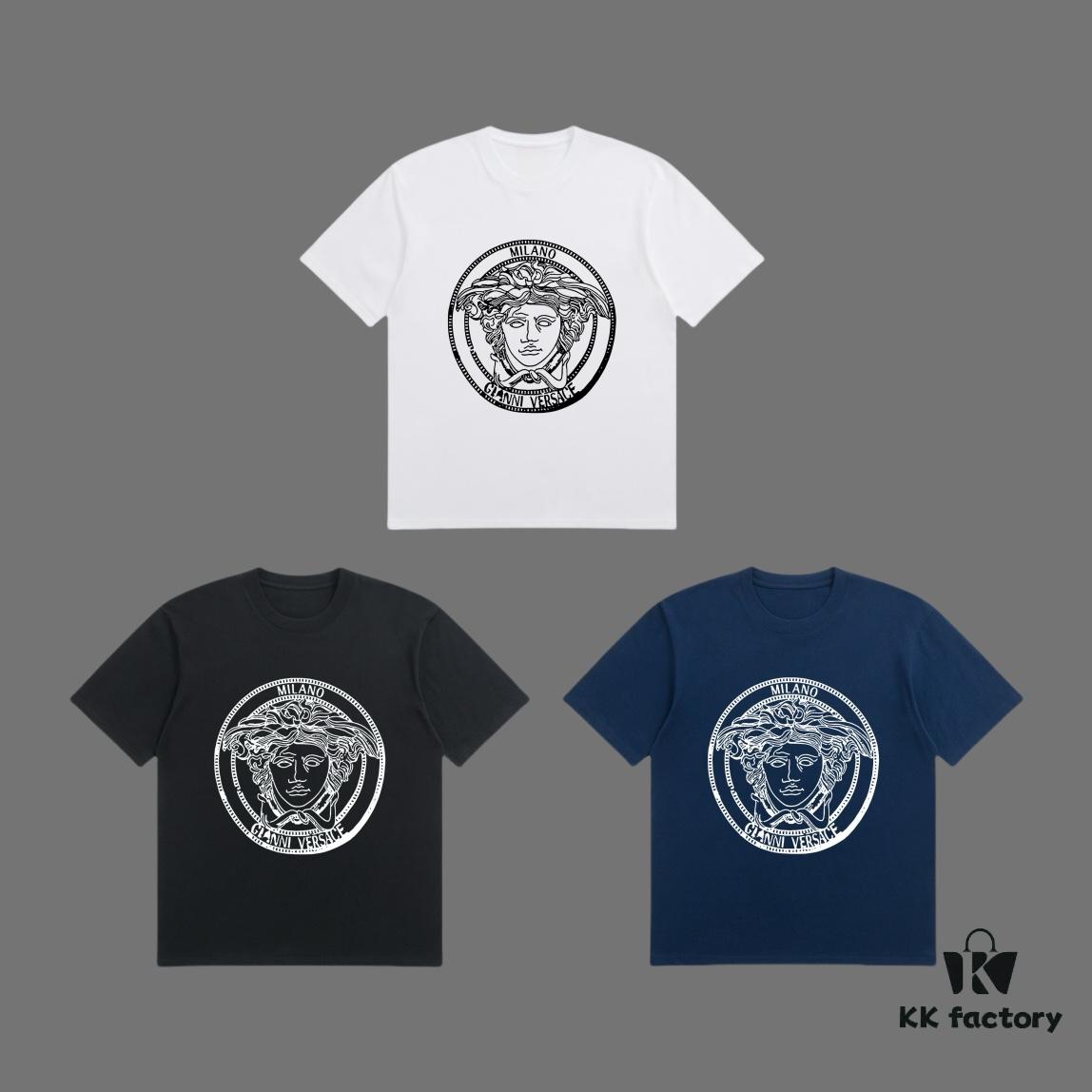 VERSACE 2025 Fall Spring/Summer Collection Medusa Logo Short Sleeve T-Shirt, Premium 270G 32-Count Double-Yarn Cotton Fabric, Distinct from Regular Prints, Relaxed Fit Unisex Design